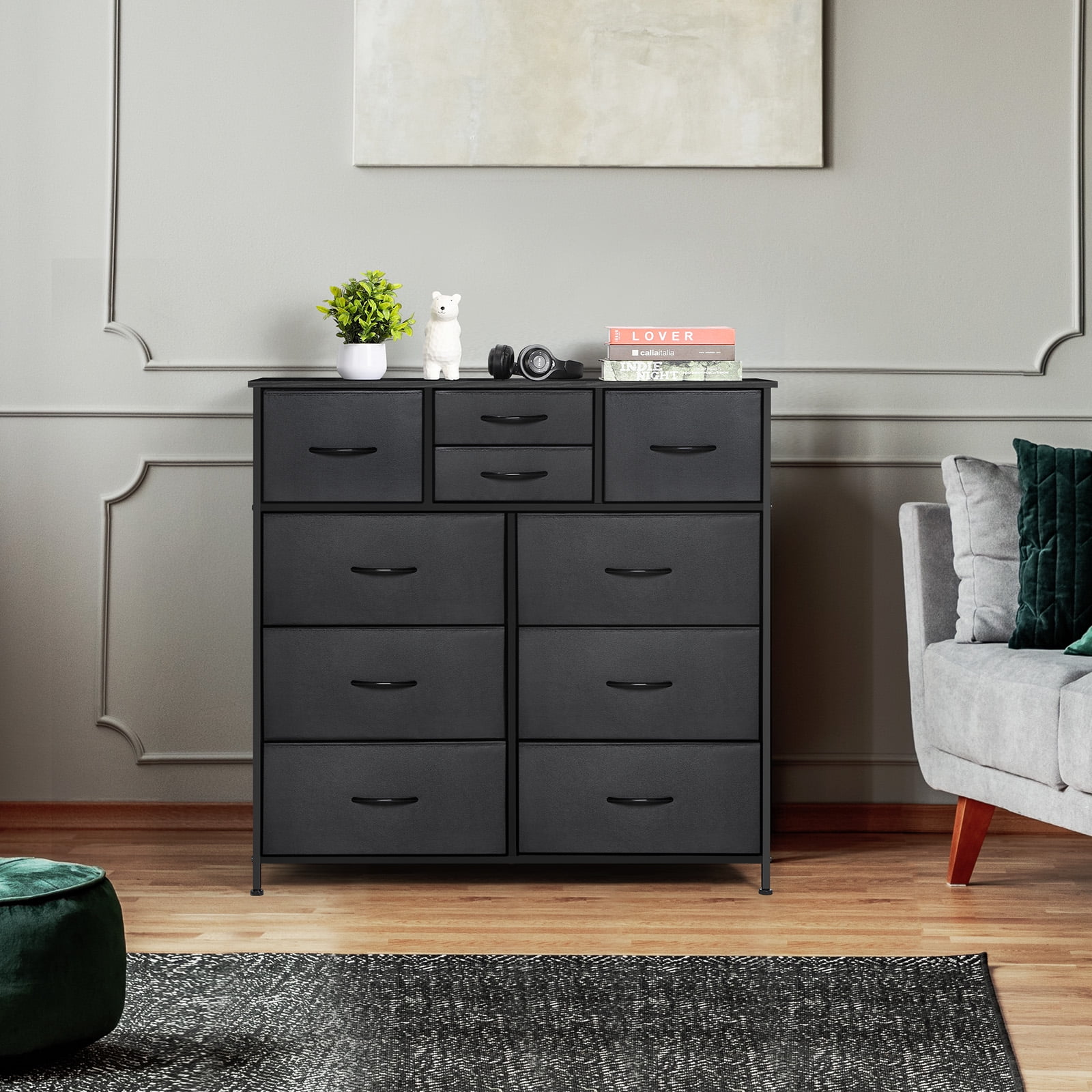 Dresser with 10 Non-Woven Drawers Small Chest of Drawers, Black