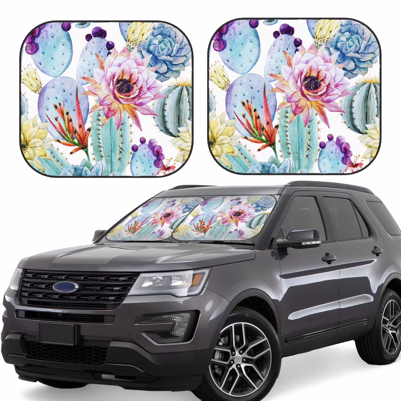 Lukts Cactus Print 2 Piece Car Sun Shade Windshield,Foldable Car Shade Front Windshield With Keeps Your Vehicle Cool, For Most Sedans Suv And Trucks - Small