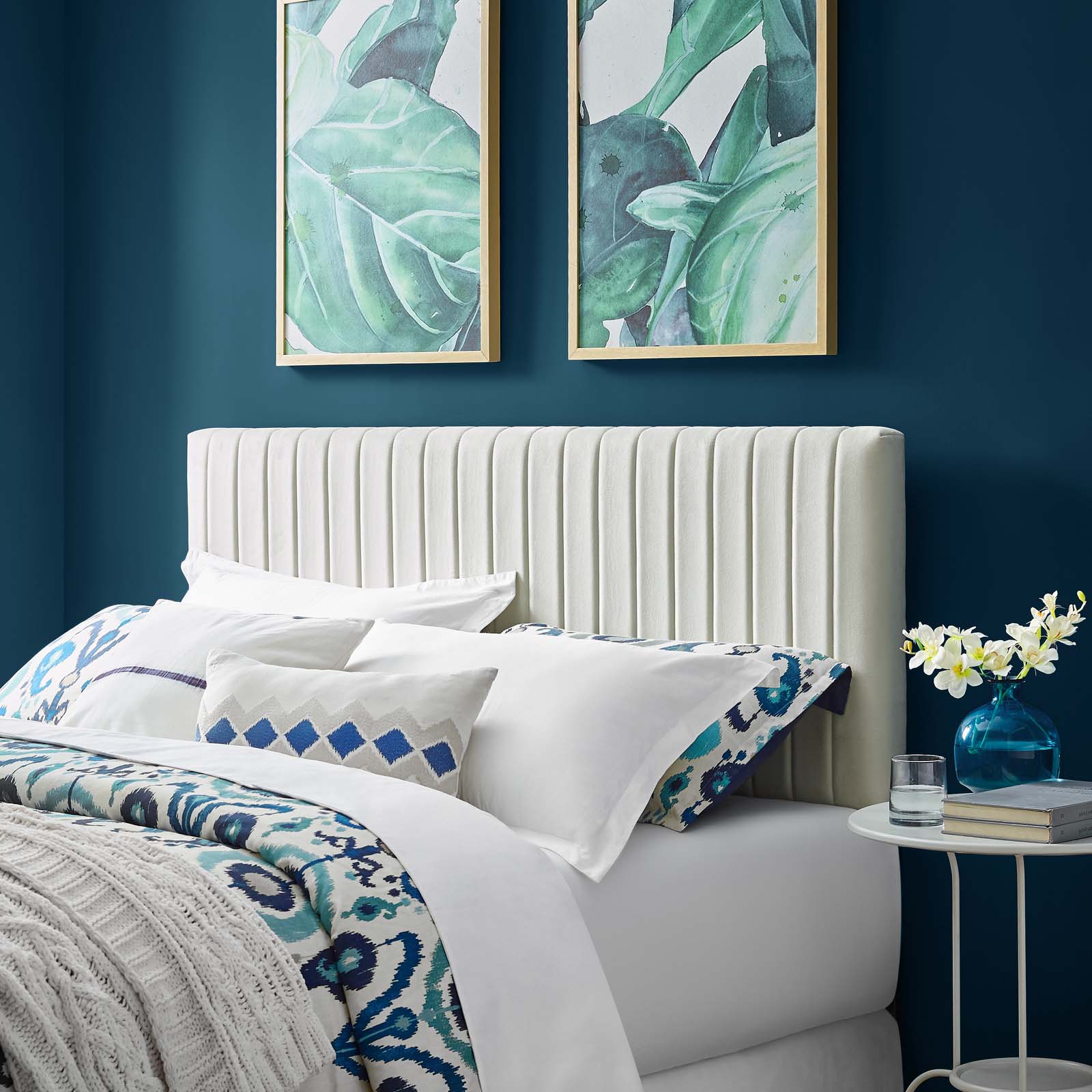 Contemporary Modern Urban Designer Bedroom Full and Queen Size Headbaord, Velvet Fabric, Ivory White