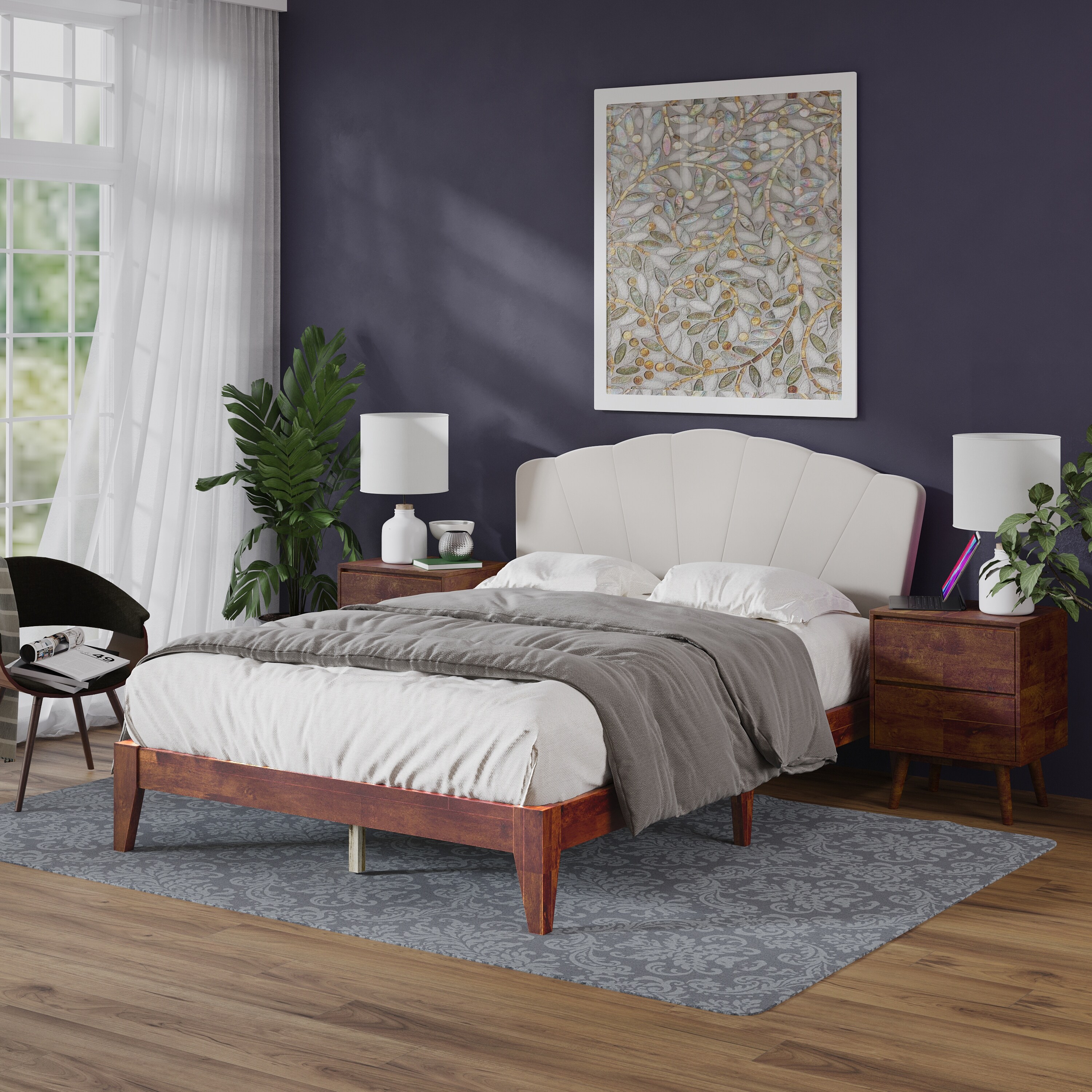 DG Casa Lucass Shell Queen Wood Upholstered Platform Bed Frame Cream