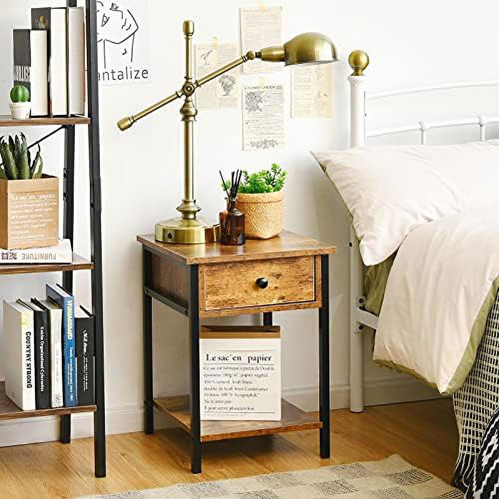 Nightstand Set of 2  Industrial 2-Tier End Table with  Drawer and Shelf  Bedside Tables with Metal Frame  Wooden Side Table for Living Room  Bedroom  Easy Assembly  Rustic Brown