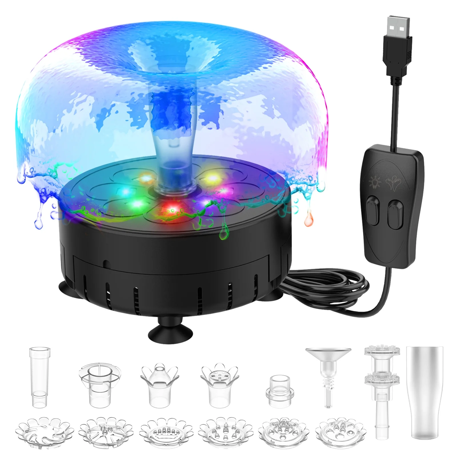 AISITIN 2.5W Fountain Pump with LED Lights - DIY Water Pump Kit,Multiple Nozzles for Bird Bath Fountain, Water Gardens & Ponds Decor,  Black