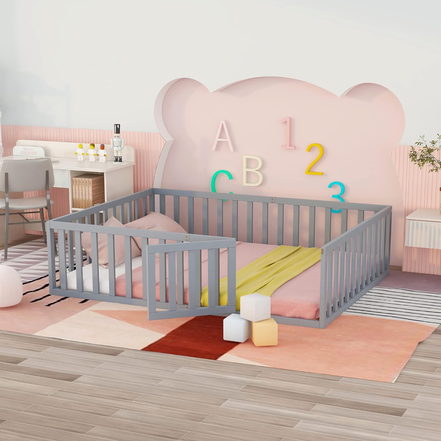 Queen Floor Bed With Fence For Kids, Montessori Floor Bed, Wood Platform Bed Frame Cabin Bed For Girls Boys, Gray