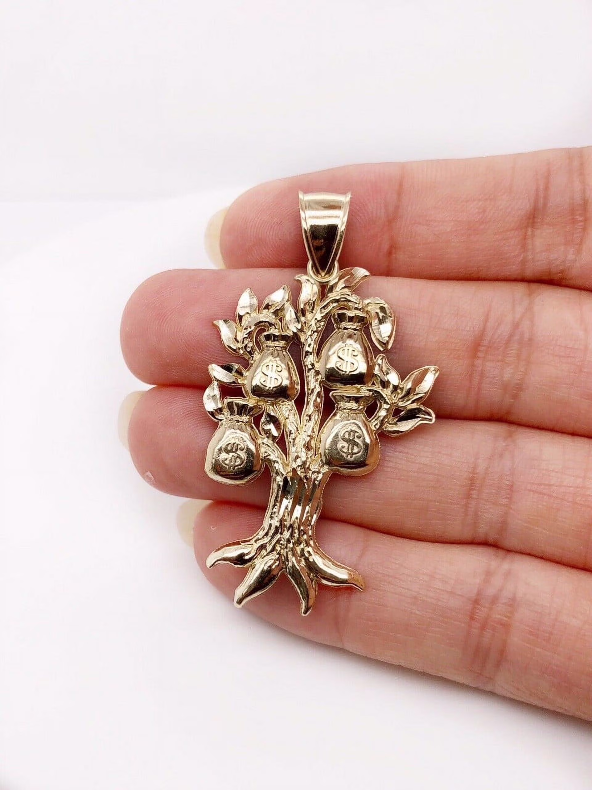 Real 10K Yellow Gold Diamond Cut Lucky Money Bag Tree Dollar Pendant 4.2 Grams