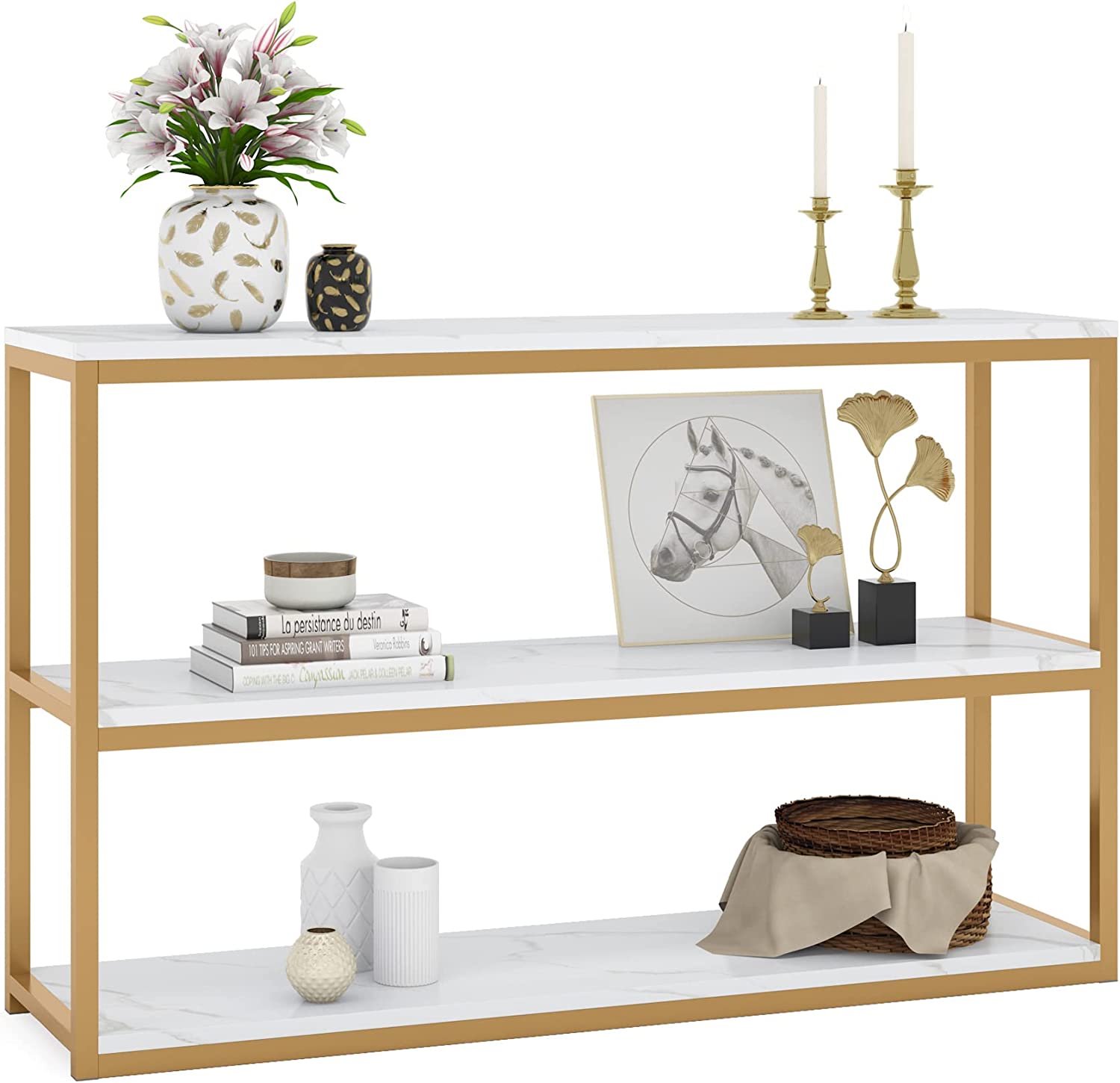 Tribesigns 3 Tier Console Table, Entryway  Hallway Table with Faux Marble Top and Metal Frame, Grey White & Gold