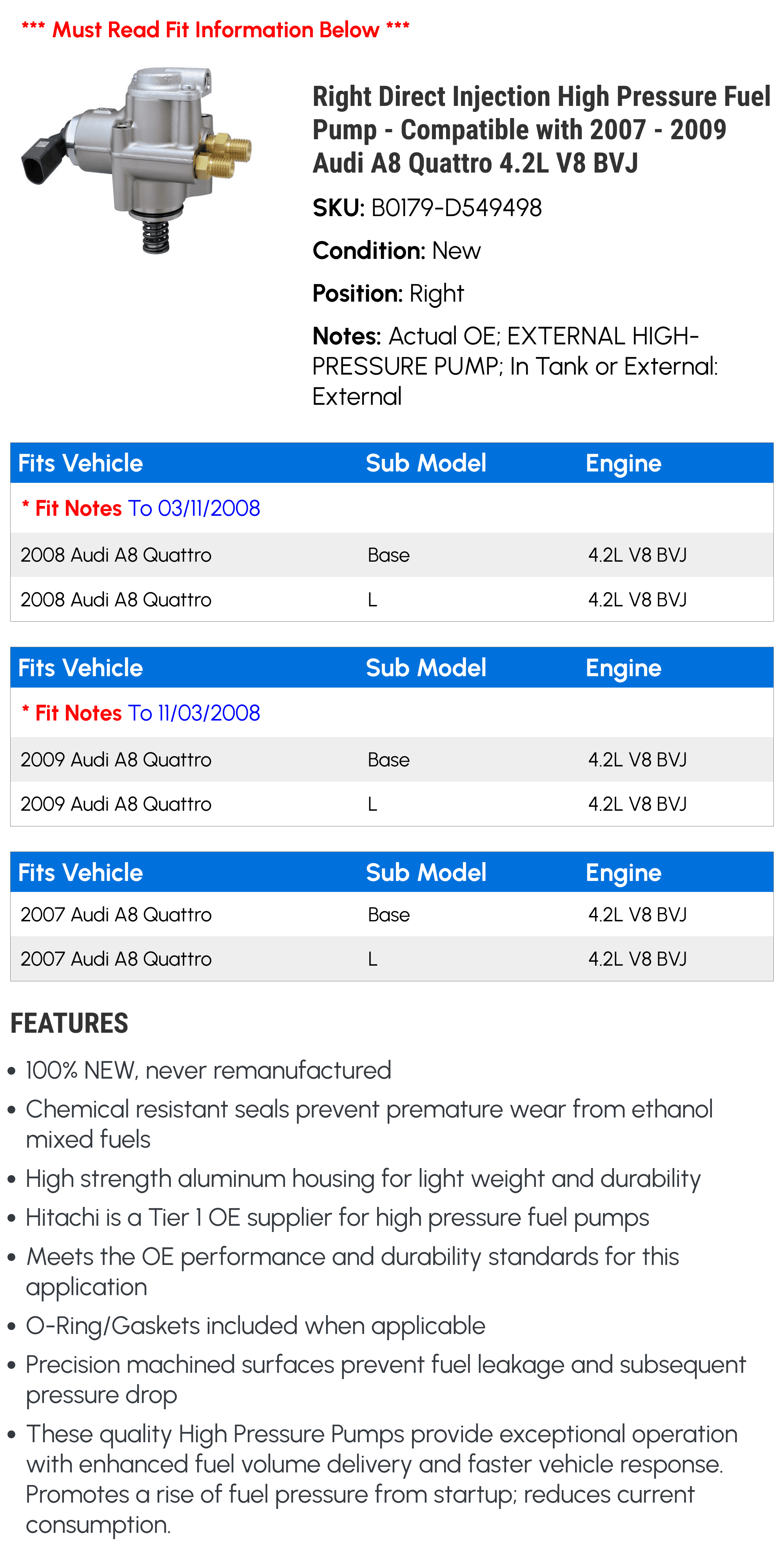 Right Direct Injection High Pressure Fuel Pump - Compatible with 2007 - 2009 Audi A8 Quattro 4.2L V8 BVJ 2008