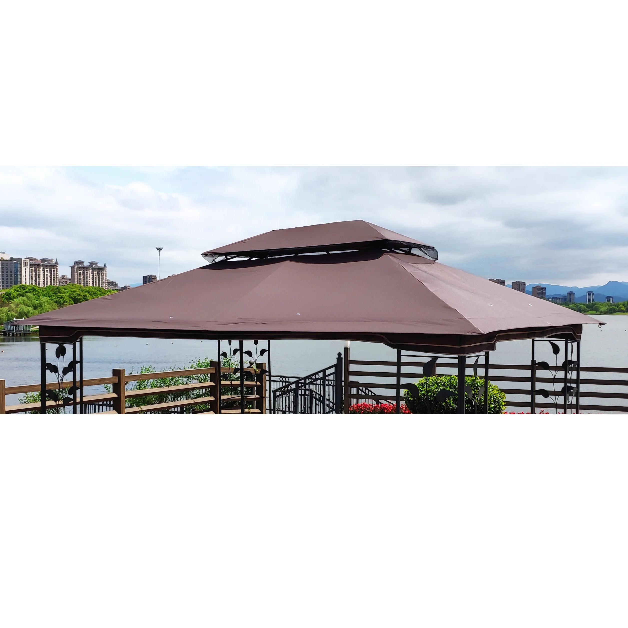 BMTBUY 13x10 Ft Patio Double Roof Gazebo Replacement Canopy Top Fabric,Brown