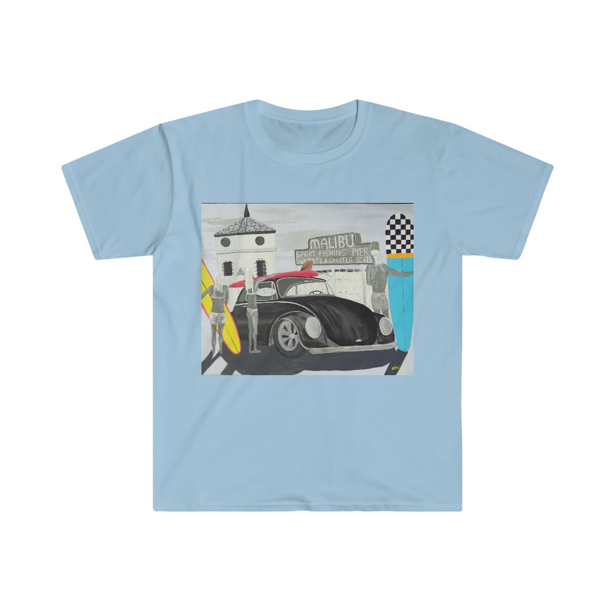 VW Bug at malibu pier Unisex Softstyle T-Shirt