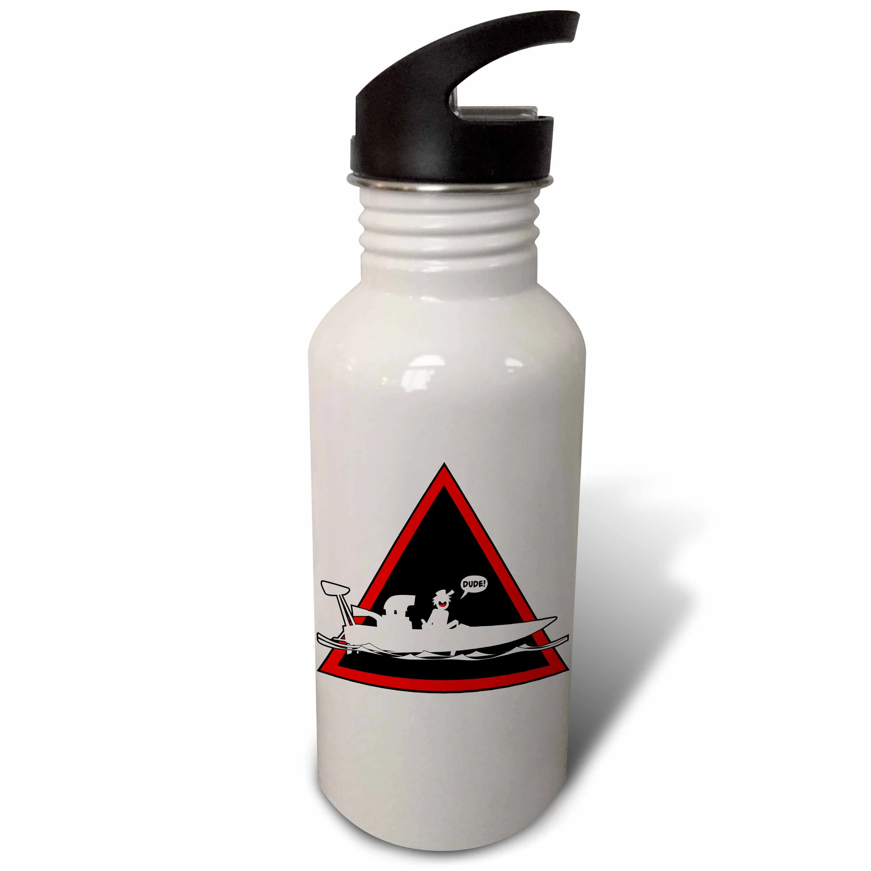 Warning triangle with a stickman racing his drag boat, yelling DUDE 21 oz Sports Water Bottle wb-180561-1