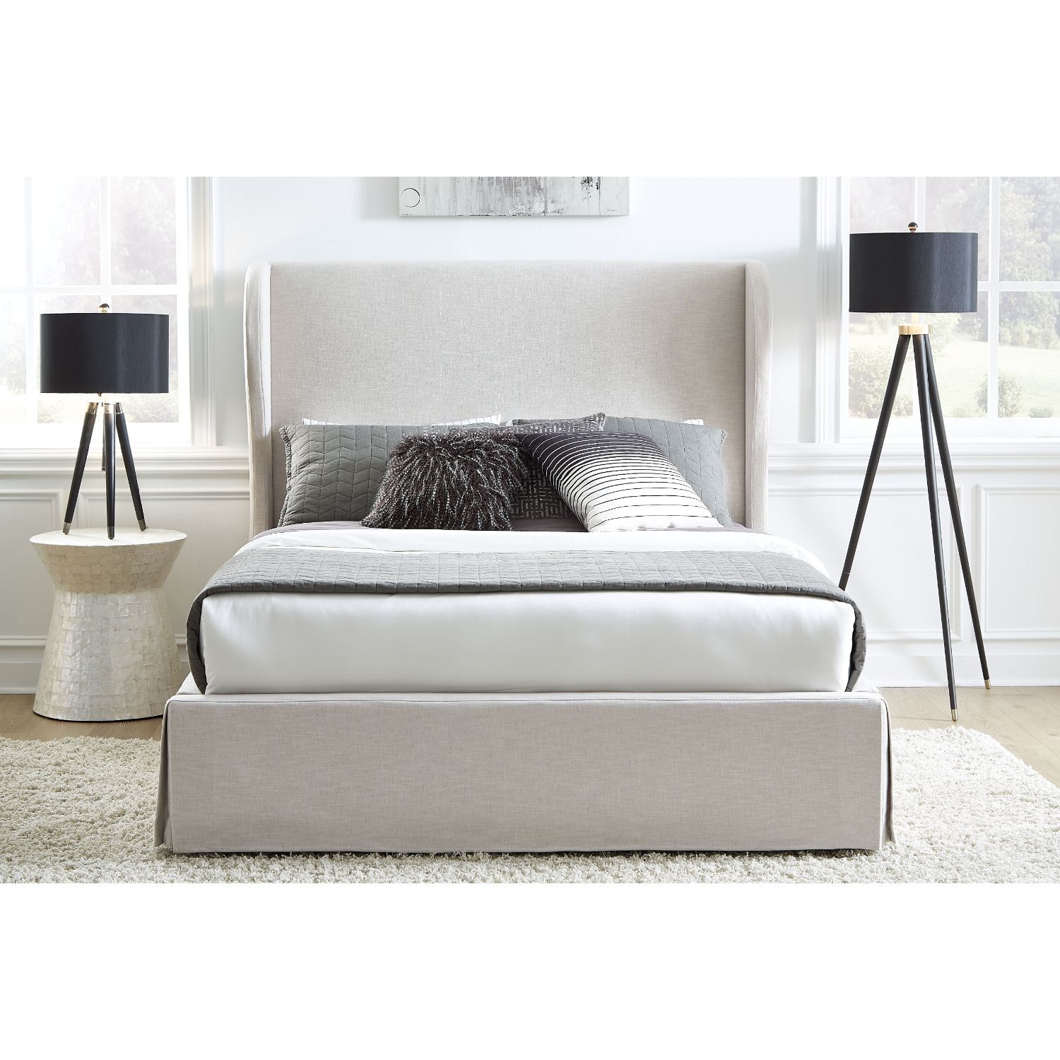 Modus Furniture Hera Upholstered Skirted Panel Bed in Oatmeal