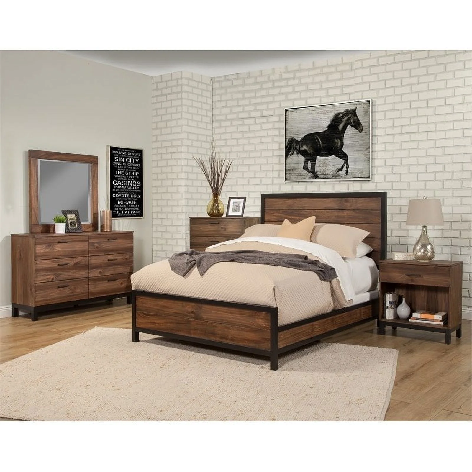 Home Square 2 Piece Set with Nightstand and 6-Drawer Dresser in Rustic Pine