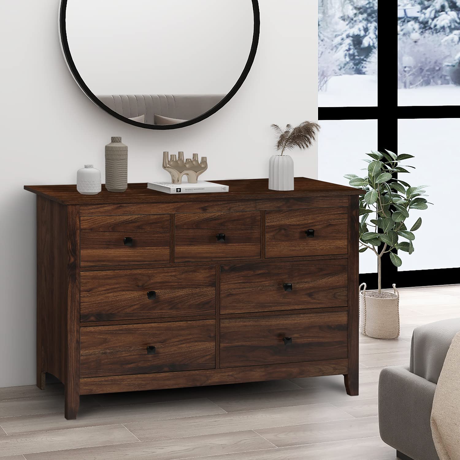 Dresser and Nightstand Sets - 3 Pieces Bedroom Set with 7 Drawer Dresser and 1 Drawer Nightstands, Wood Double Dresser, Brown Wood Grain