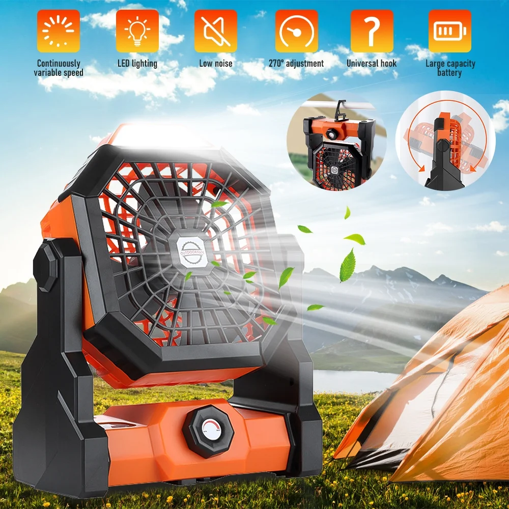 Portable Fan Rechargeable, 70000mAh Battery Operated Powered Fan, Outdoor Camping Fan with LED Lantern, Personal USB Desk Fan, for Home, Office, Tent, Travel (Black&Orange)