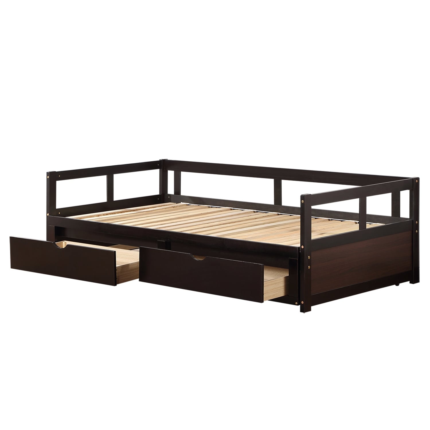 Espresso Sturdy & Durable Wooden Daybed with Trundle Bed and Two Storage Drawers , Extendable Bed