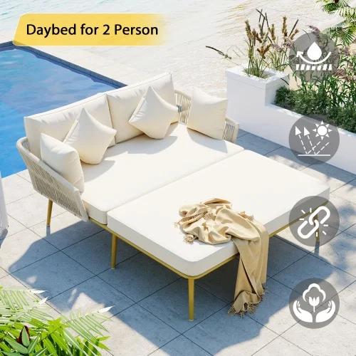 Outdoor Patio Daybed, Woven Nylon Rope Backrest with Washable Cushions for Balcony, Poolside, Beige