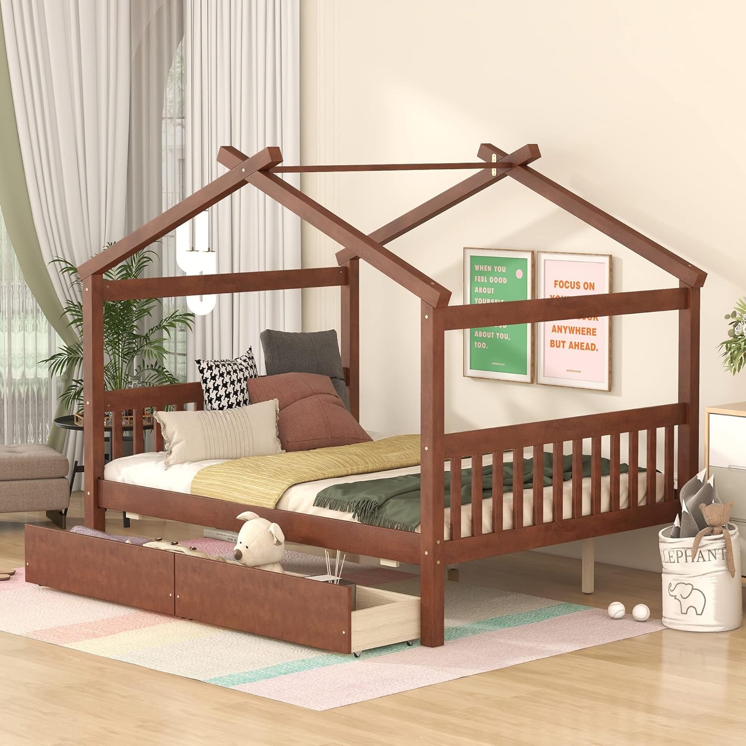 Full Size House Bed With Drawers, Wooden Full Platform Bed Frame With Headboard And Footboard, Roof Design, For Guest Room/Living Room, Walnut
