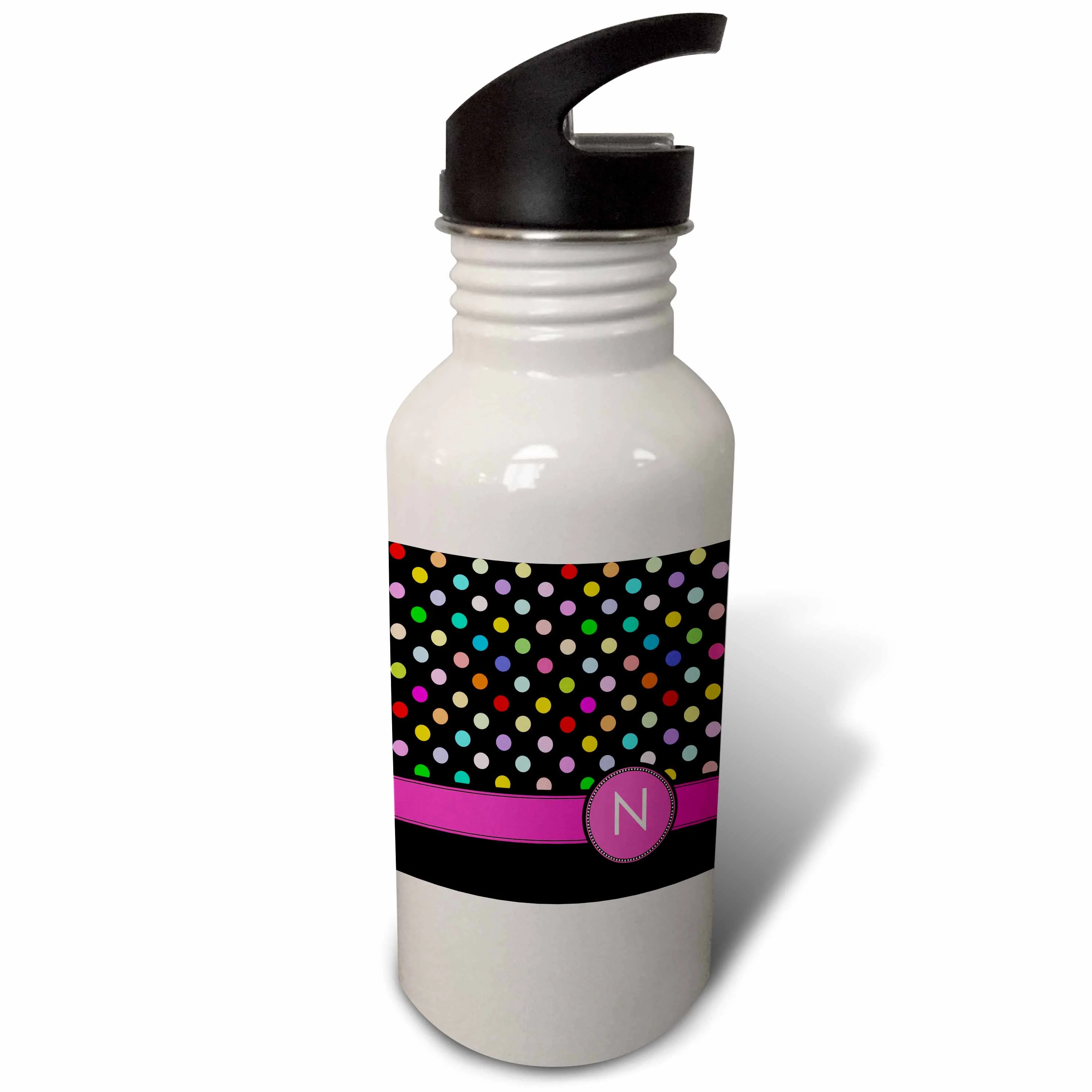 Letter N monogrammed on rainbow polka dots pattern with hot pink personal initial - girly multicolor 21 oz Sports Water Bottle wb-154311-1