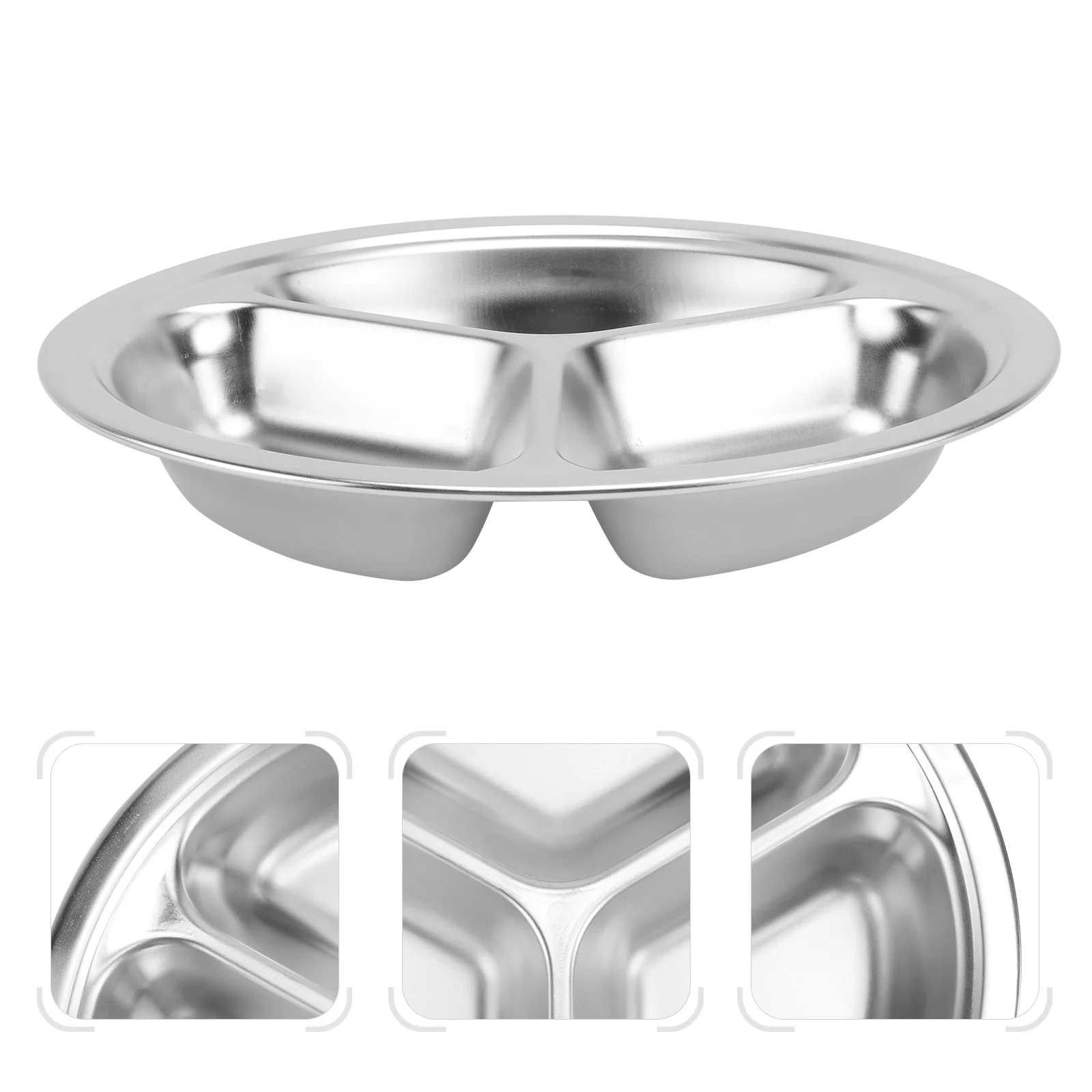 3Pcs Round Stainless Steel Dinner Tray Separation Plates Fast Food Plate Rice Dishes Silver (20cm, 3 Grids)