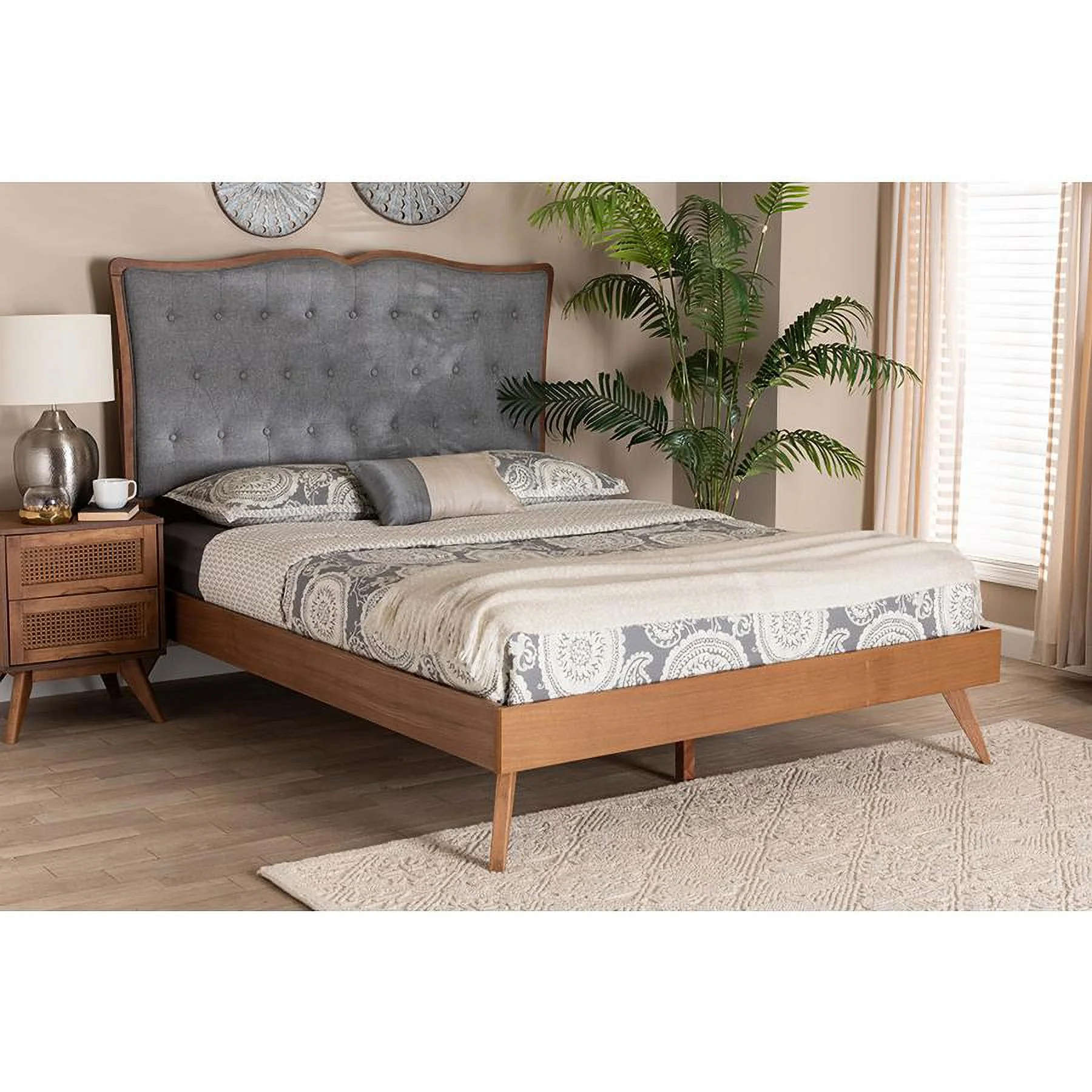 Baxton Studio Hawthorn Gray Fabric and Brown Wood Queen Size Platform Bed