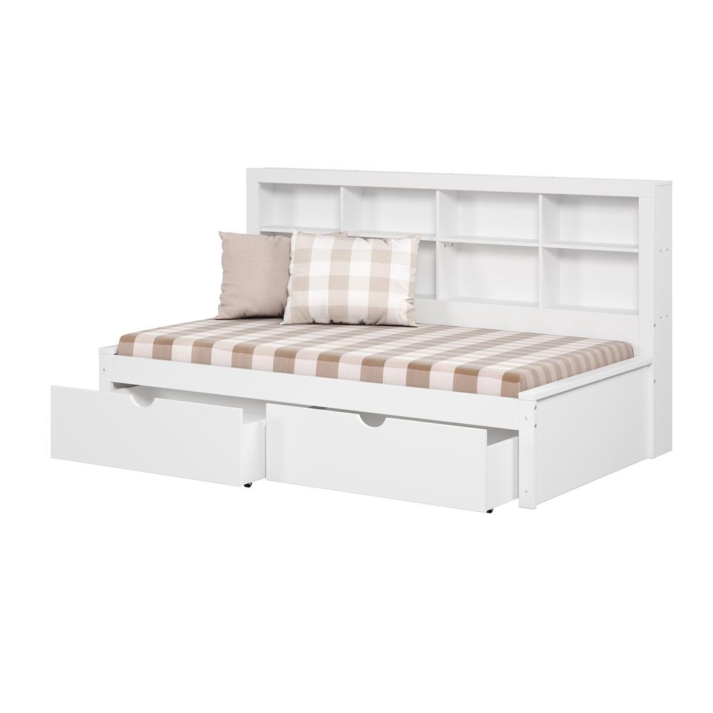 Twin Bookcase Day Bed in White w/ Dual Under Bed Drawers