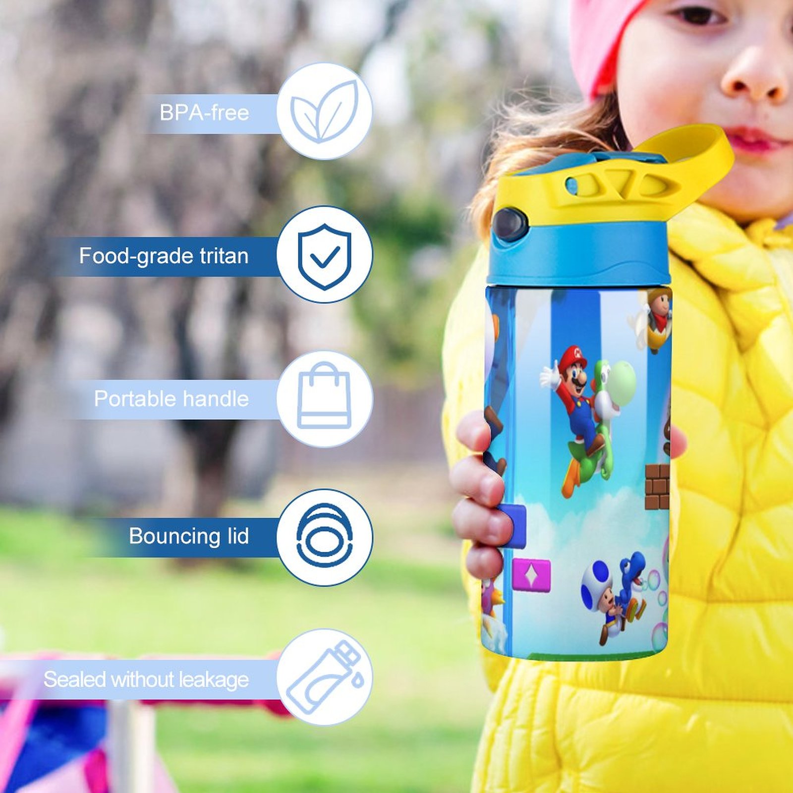 Super Mario Game Kid's Insulated Water Bottle With Straw Vacuum Stainless Steel Cup Leak-Proof Children Toddler Thermoses