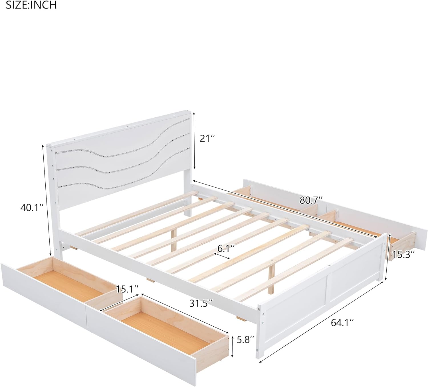 Quee Size Bed Frame With Headboard Ad LED Lights, Wood Platform Bed With 4 Storage Drawers, White