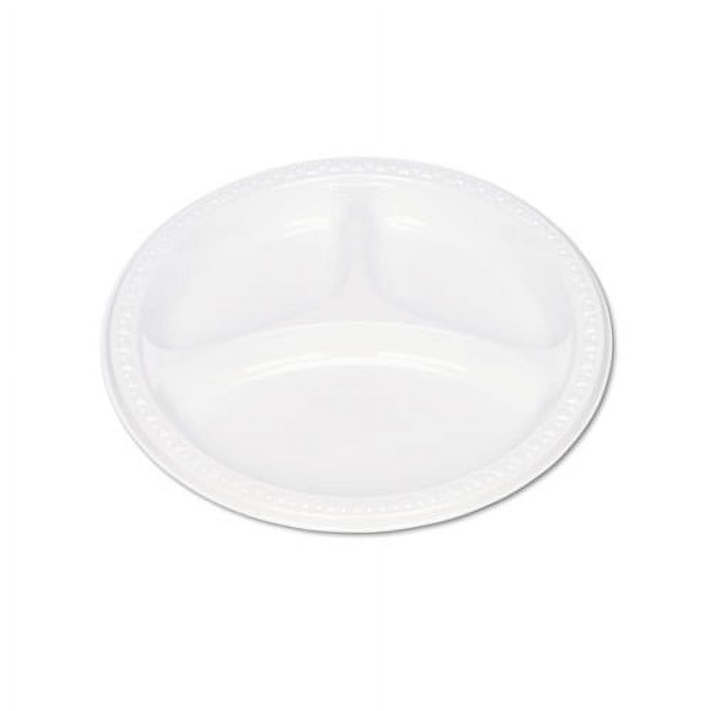 Plastic Dinnerware Compartment Plates, 9" dia, White, 125/Pack