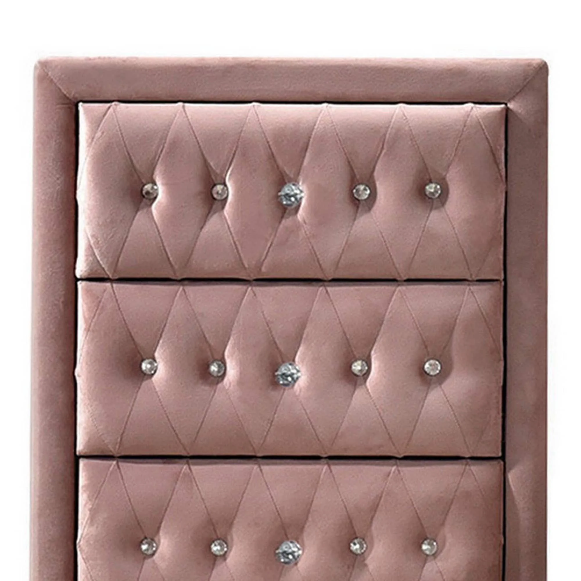 Rex 38 Inch Tall Upholstered Dresser Chest, 4 Drawer, Crystal Handles, Pink