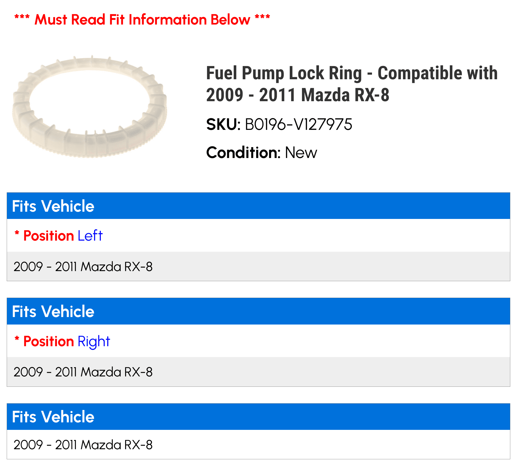 Fuel Pump Lock Ring - Compatible with 2009 - 2011 Mazda RX-8 2010