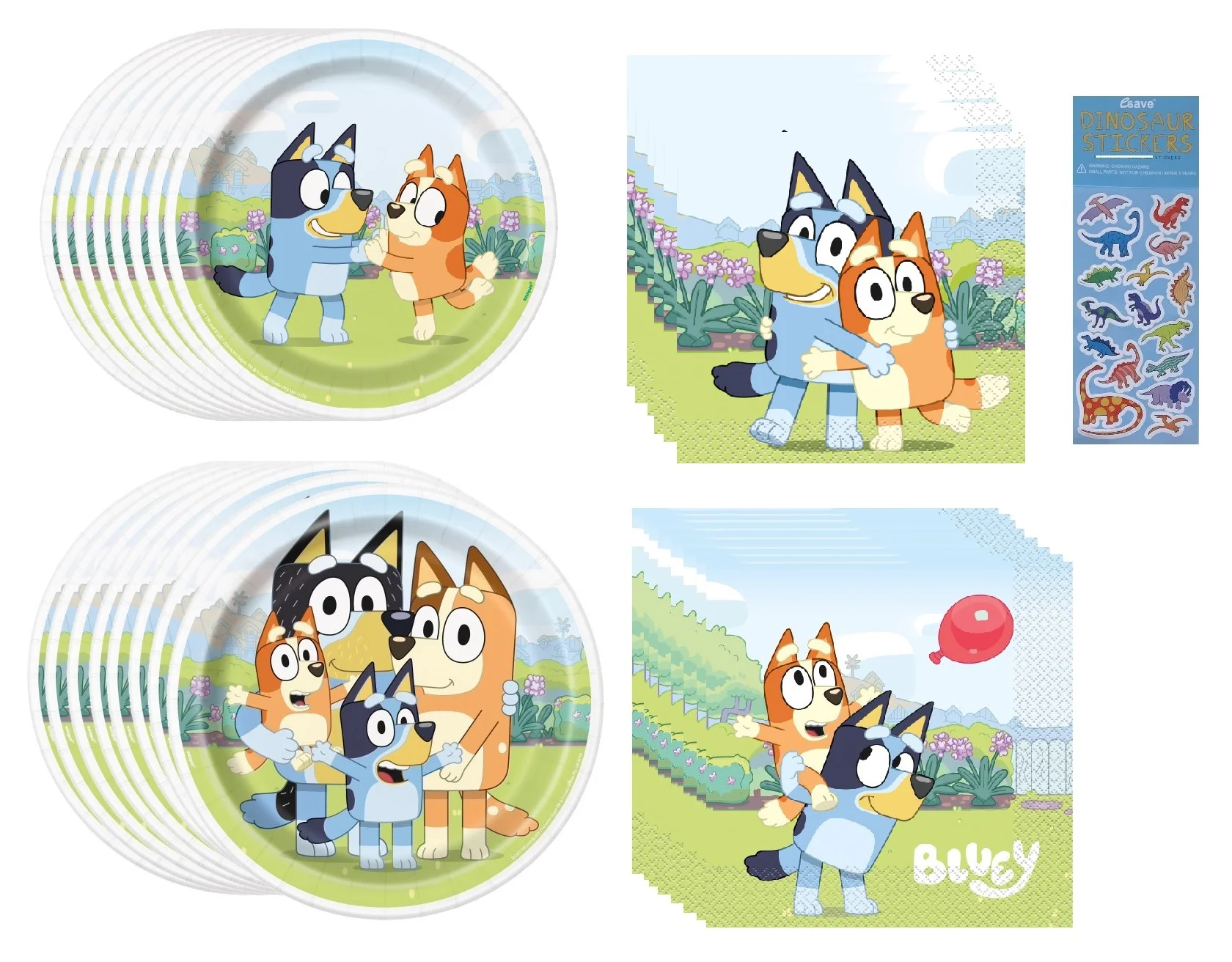 Bluey Birthday Party Bundle Pack includes 16 Dessert Cake Plates, 16 Lunch Plates, 16 Beverage Cake Napkins, 16 Lunch Napkins, 1 Table Cover, 1 Happy Birthday Banner (Bundle for 16)