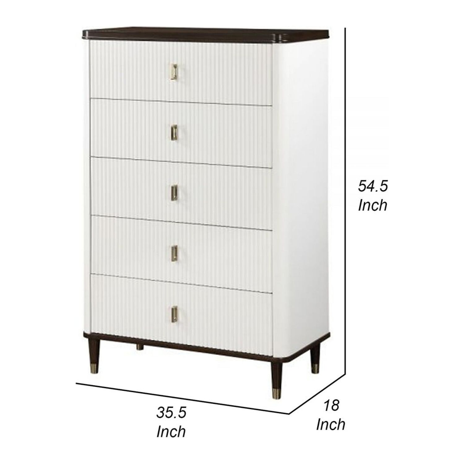 Benjara  36 in. Aren 5 Drawers Solid Wood Tall Dresser Chest with Jewelry Tray, White & Brown