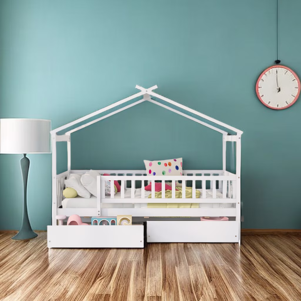 Modern Twin Size Wooden House Bed with Two Drawers,Wooden Platform Daybed Frame with Roof and Safety Guardrail,for Teens Boys Girls Bedroom Dorm