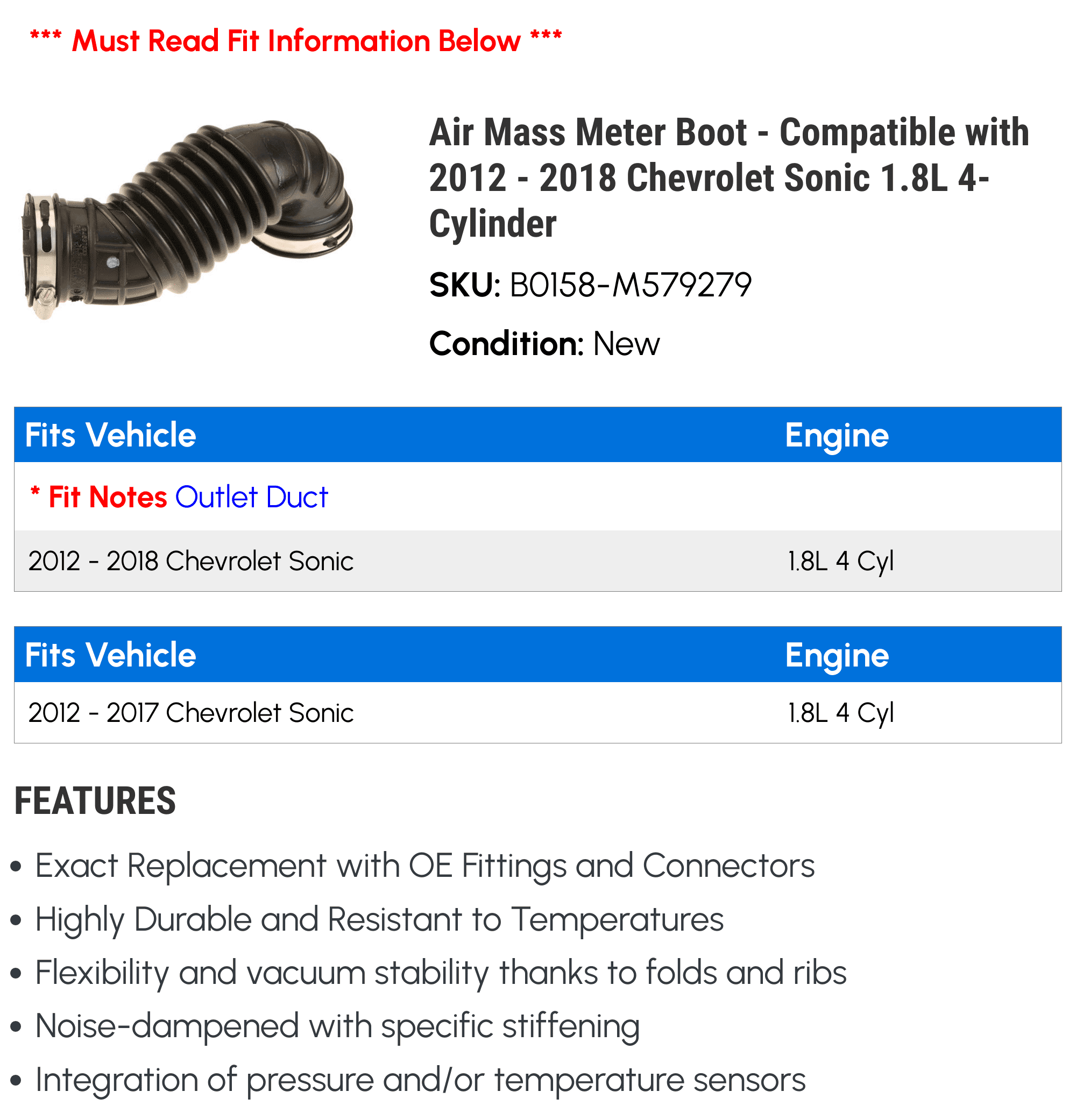 Air Mass Meter Boot - Compatible with 2012 - 2018 Chevy Sonic 1.8L 4-Cylinder 2013 2014 2015 2016 2017