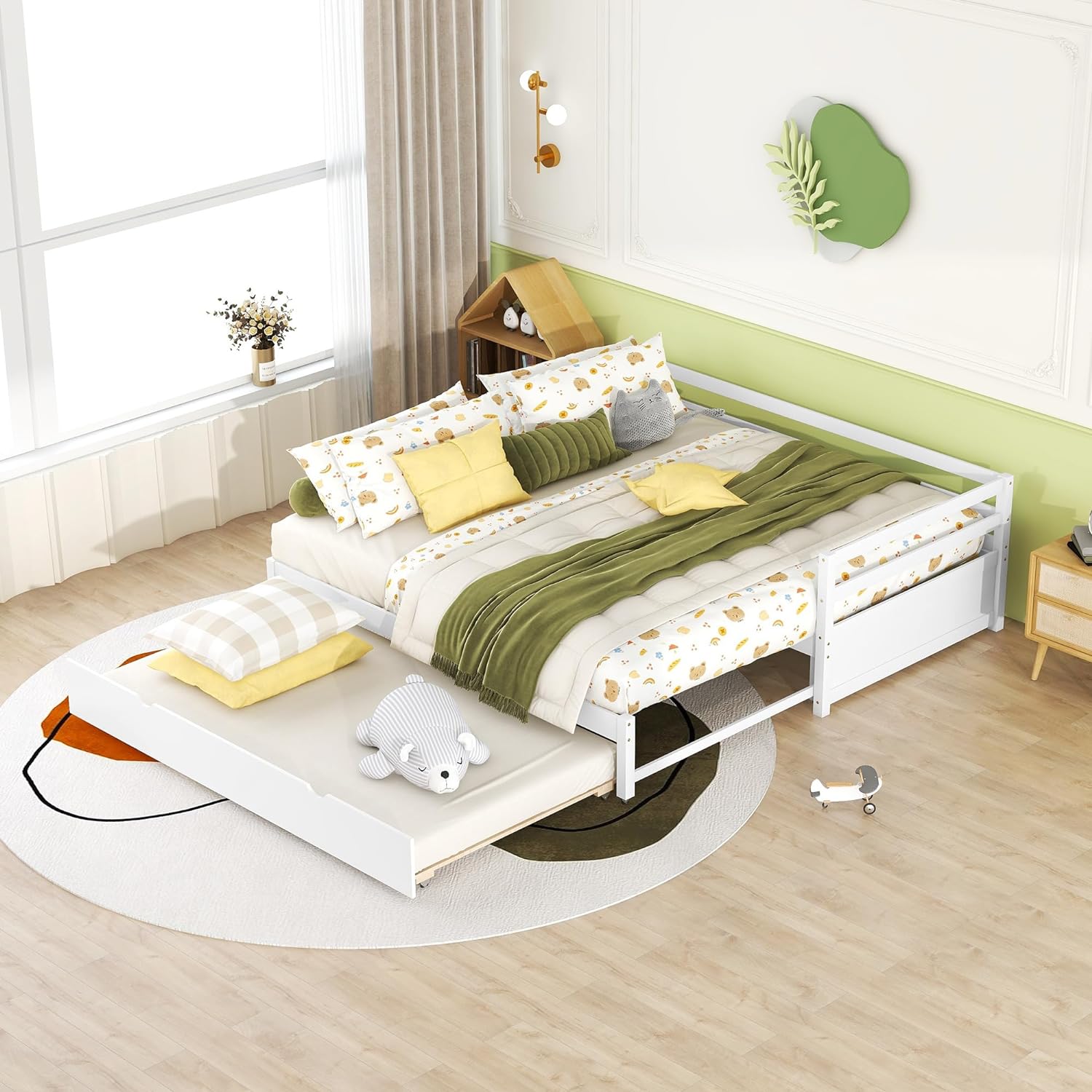 Extendable Daybed With Trundle, Wood To Double Daybed With Pull Out Trundle, Trundle Daybed For Kids Teens, Extending Sofa Bed For Living Room, Bedroom, Guest Room,White