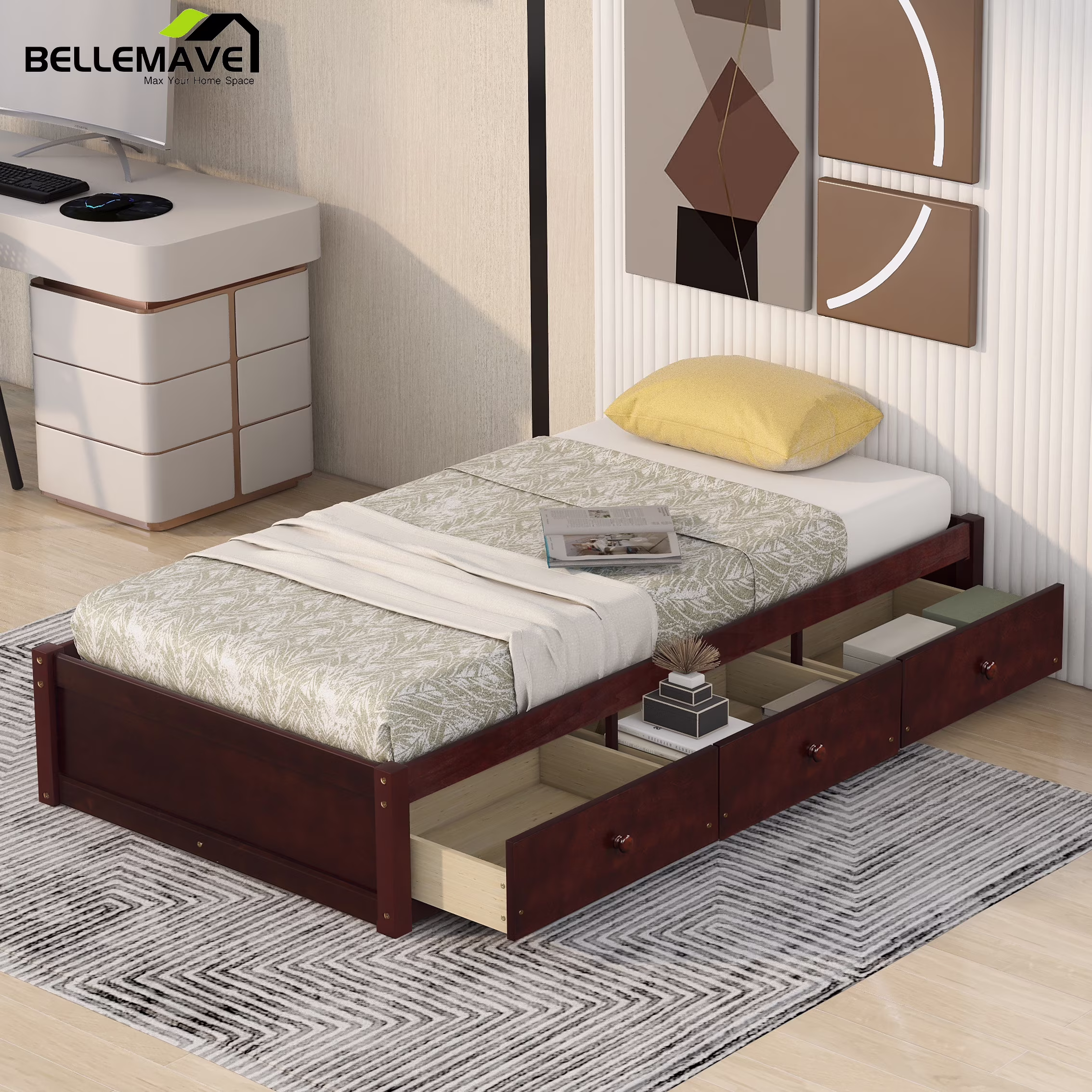Bellemave Twin Size Platform Bed with Storage Drawers Twin Size Storage Bed with Wooden Slats Space Saving Wood Bed Frame for Kids Teens No Box Spring Needed, Cherry Brown