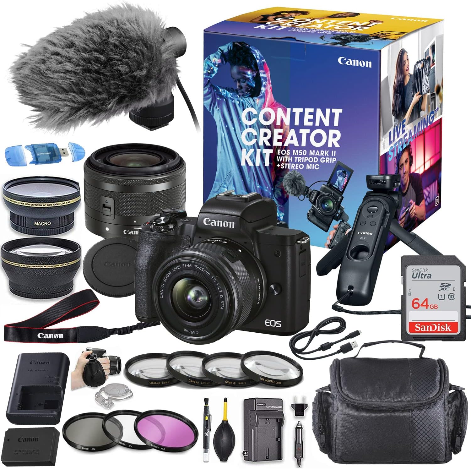 Canon EOS M50 Mark II Mirrorless Camera with 15-45mm Lens Content Creator Bundle with Tripod Grip and Microphone + Filters + Macro Close Ups + Sandisk 64GB Memory & More