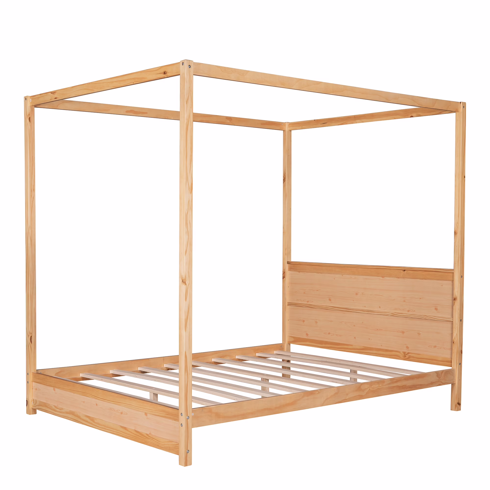 LANTRO JS Queen Size Canopy Platform Bed with Headboard and Support Legs, Natural