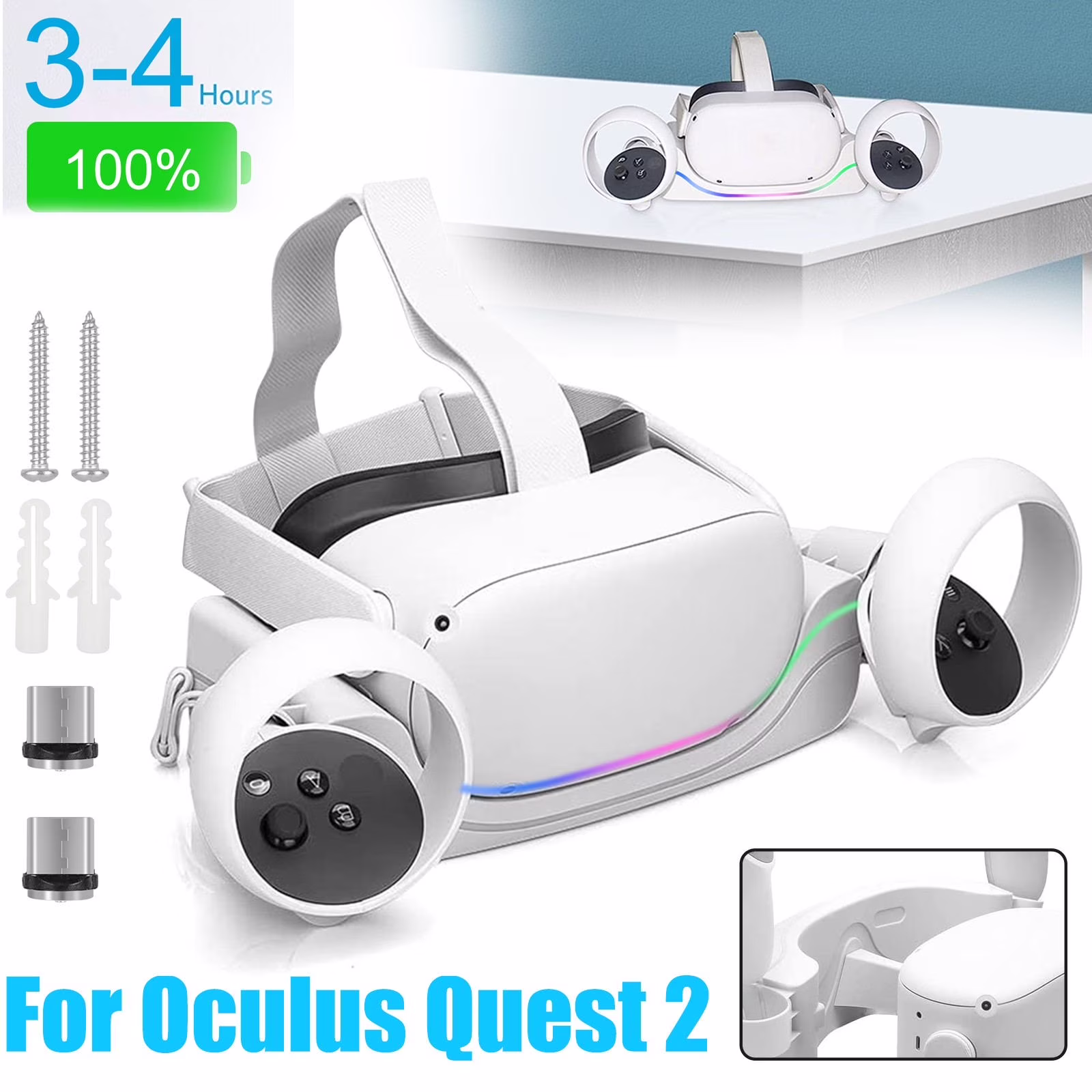 EEEkit Charging Dock Fit for Oculus/Meta Quest 2, VR Wall Mount Magnetic Charger Station, VR Headset Display Holder & Controller Mount Station with Type-C Charge Cable