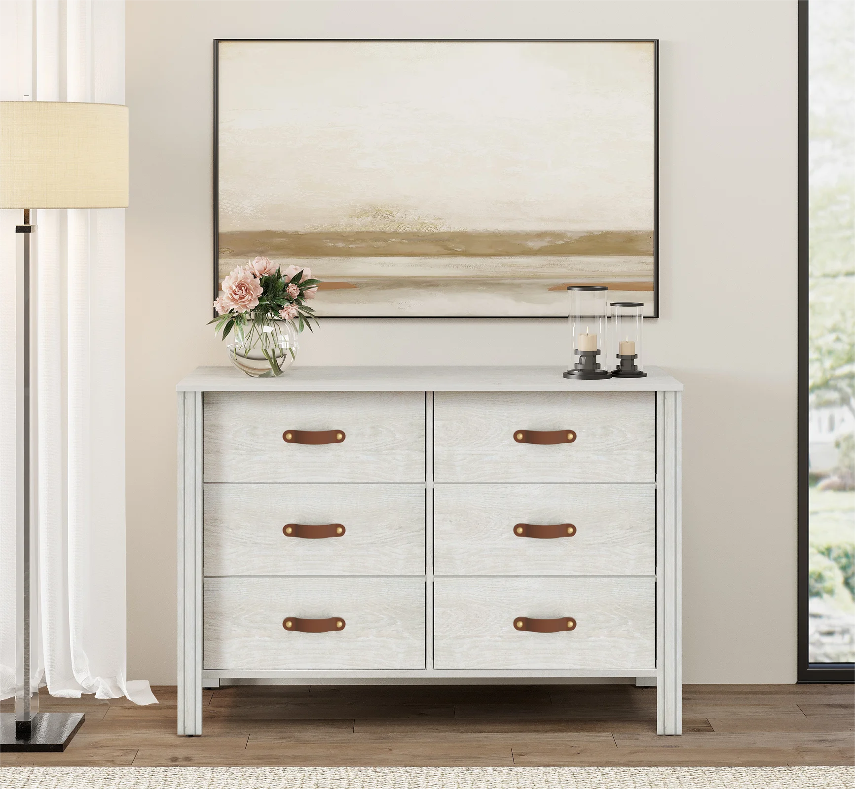 Bedroom Dresser Wood Dresser with 6 Fabric Drawers, Classic Storage Cabinet for Living Room, Hallway, White
