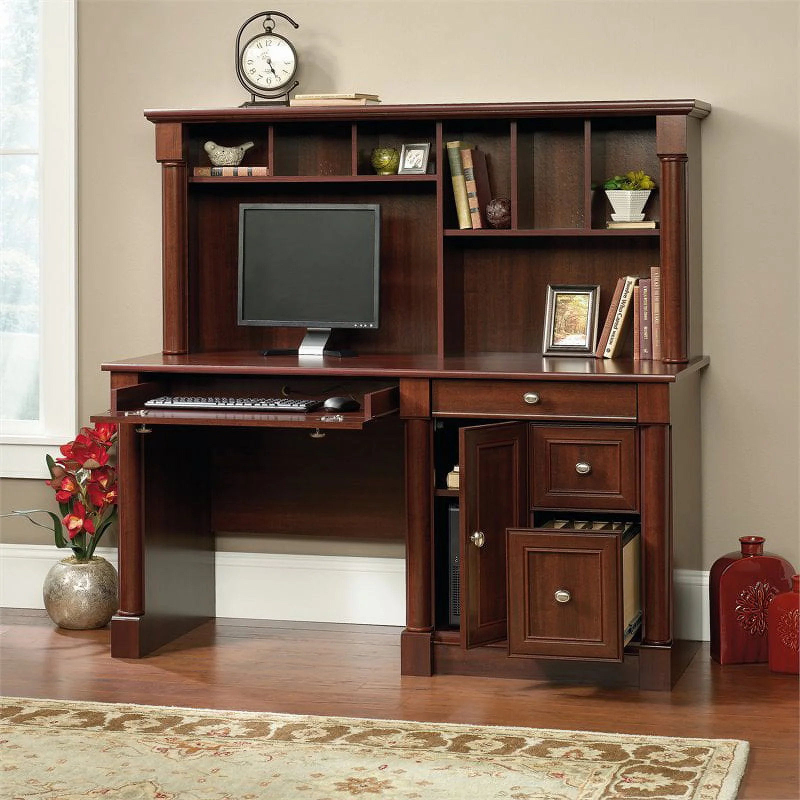 Bowery Hill Computer Desk with Hutch in Cherry