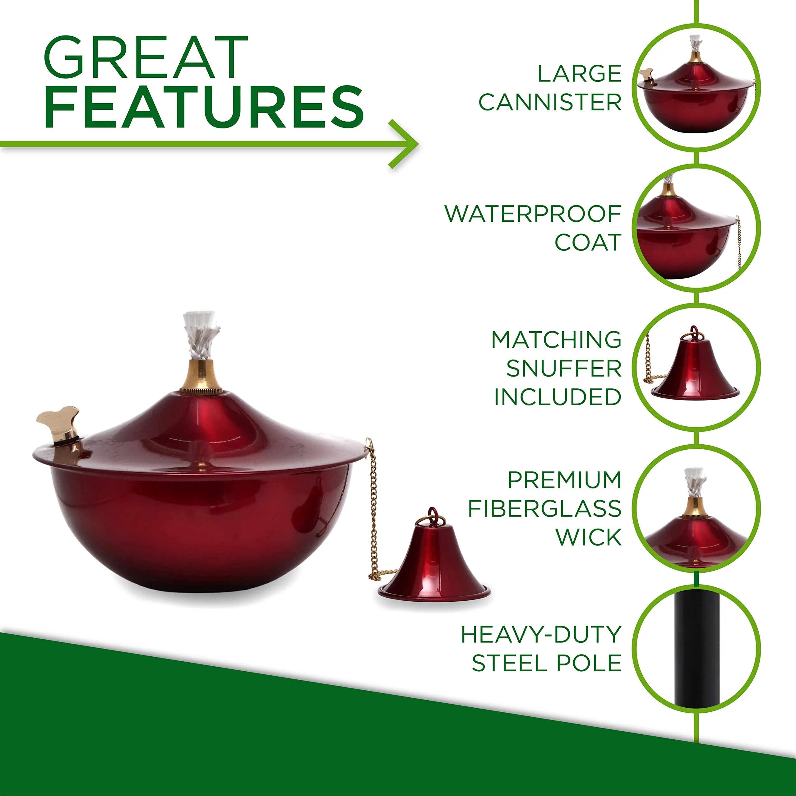 Legends Direct Maui Premium Metal Tabletop Torch, Tiki Style /w Snuffer, Fiberglass Wick & Large 32oz Oil Lamp for Deck, Patio, Lawn, Garden, Luau