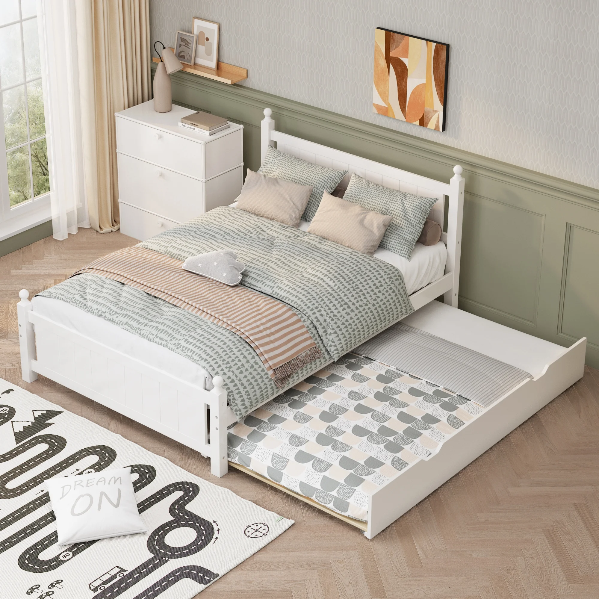 Full Size Solid Wood Platform Bed Frame with Trundle - Perfect for Limited Space, Kids, Teens, Adults, White