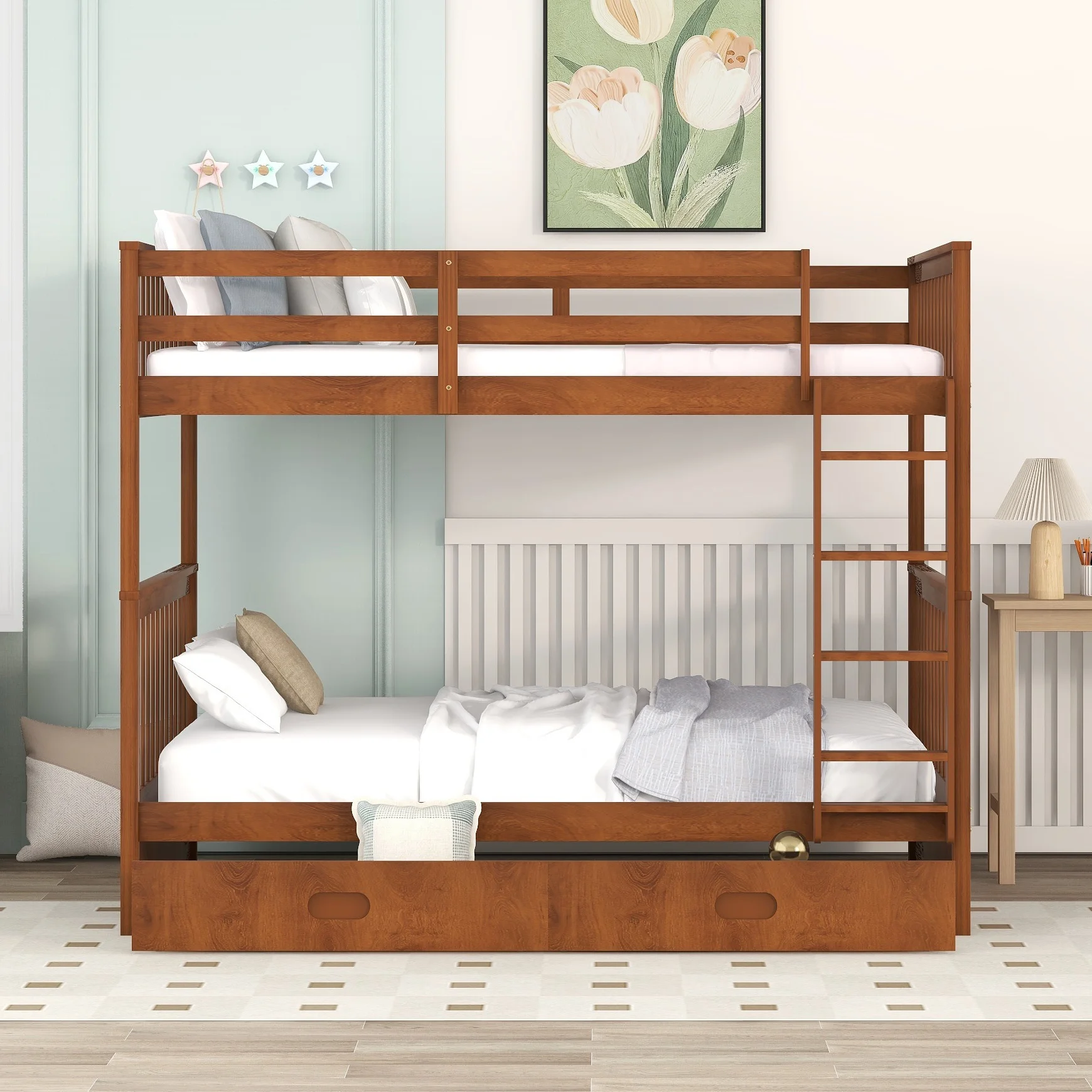 Bellemave Bunk Beds with Storage Drawers, Solid Wood Full Over Full Bunk Beds Frame with Ladders for Kids Teens Adults (Walnut)
