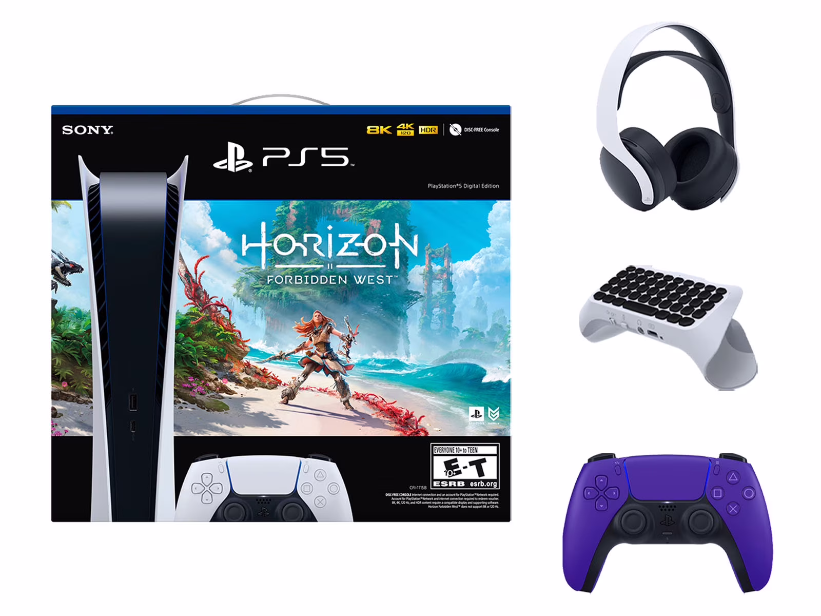 Sony Playstation 5 Digital Edition Horizon Forbidden West Bundle with Extra Purple Controller, White PULSE 3D Wireless Headset and Surge QuickType 2.0 Wireless Keypad