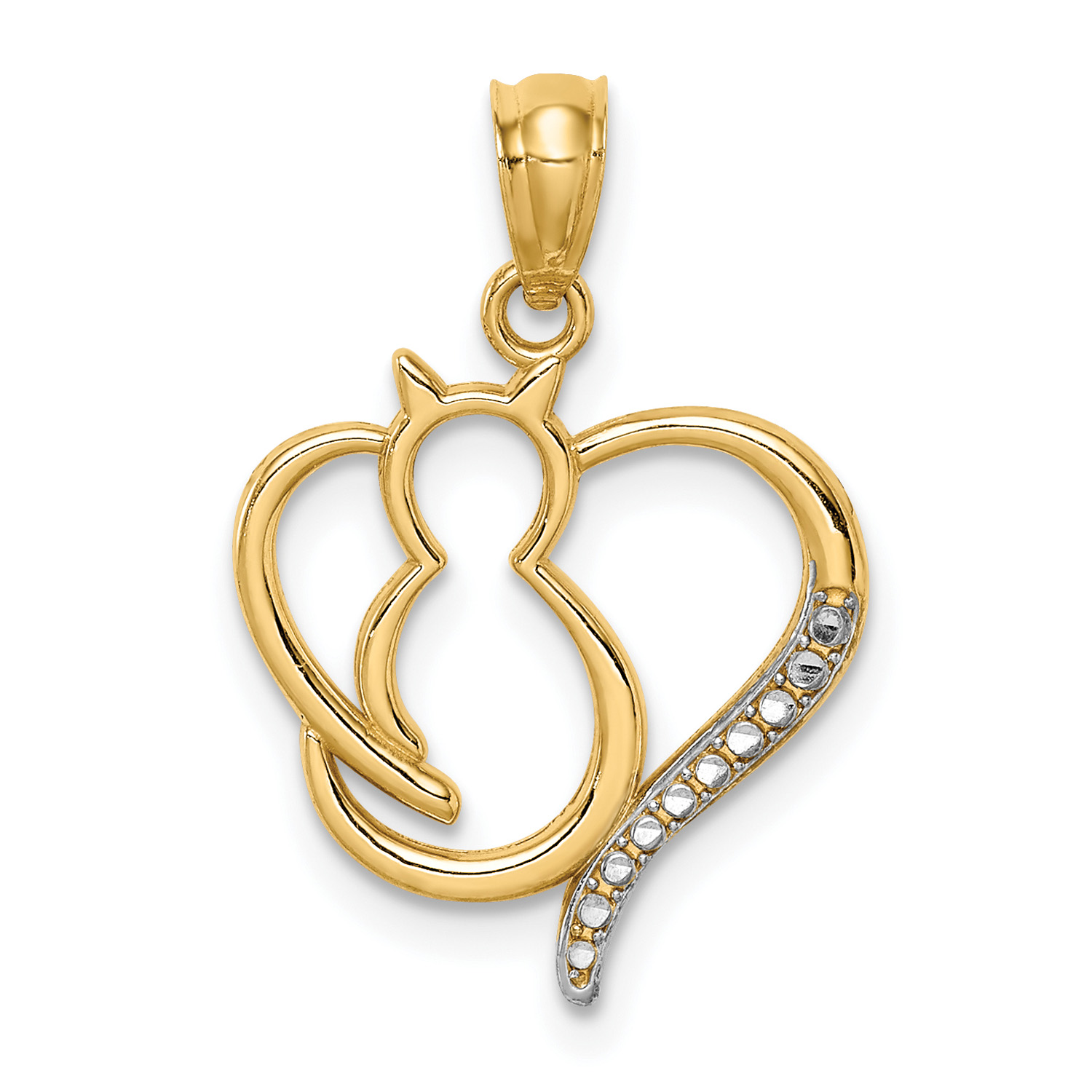 14K Two-Tone Gold Rhodium Sitting Cat In A Heart Pendant With 14K Yellow Gold Light Weight Rope Chain 18