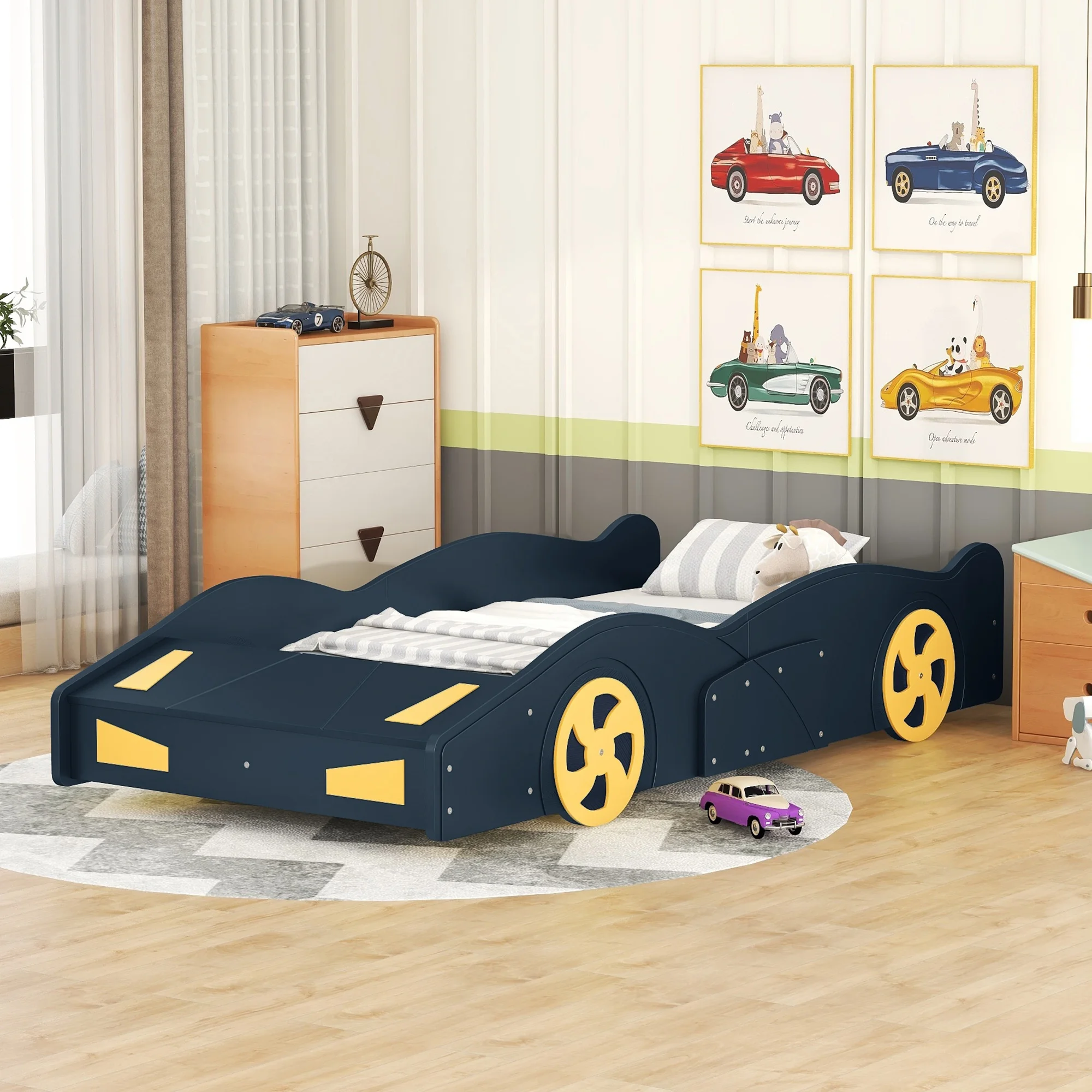 Nestfair Dark Blue Twin Size Race Car-Shaped Platform Bed with Wheels and Storage
