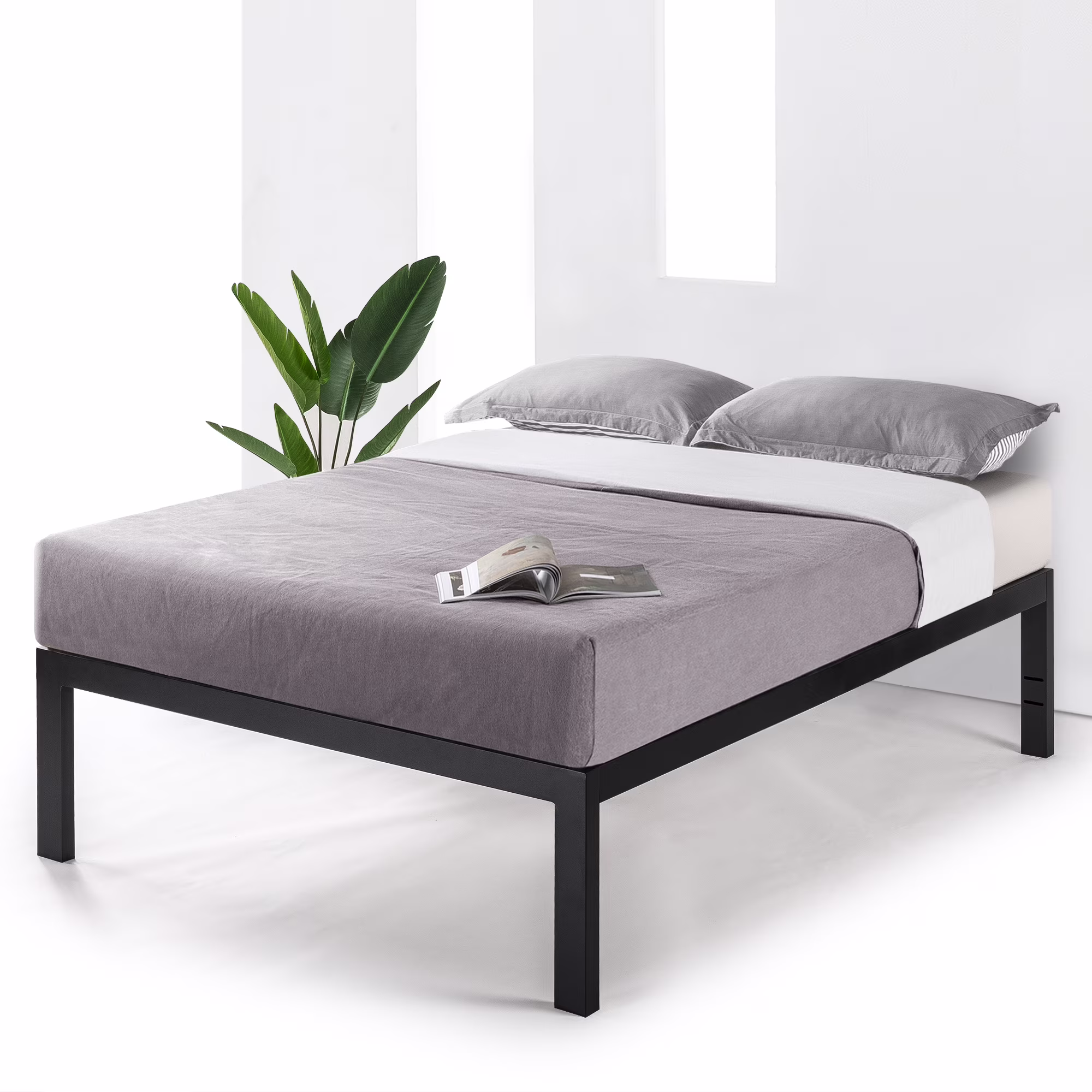 Mellow Just Mallet 18 Inch Heavy Duty Metal Platform Bed with Wooden Slats, Black, Twin