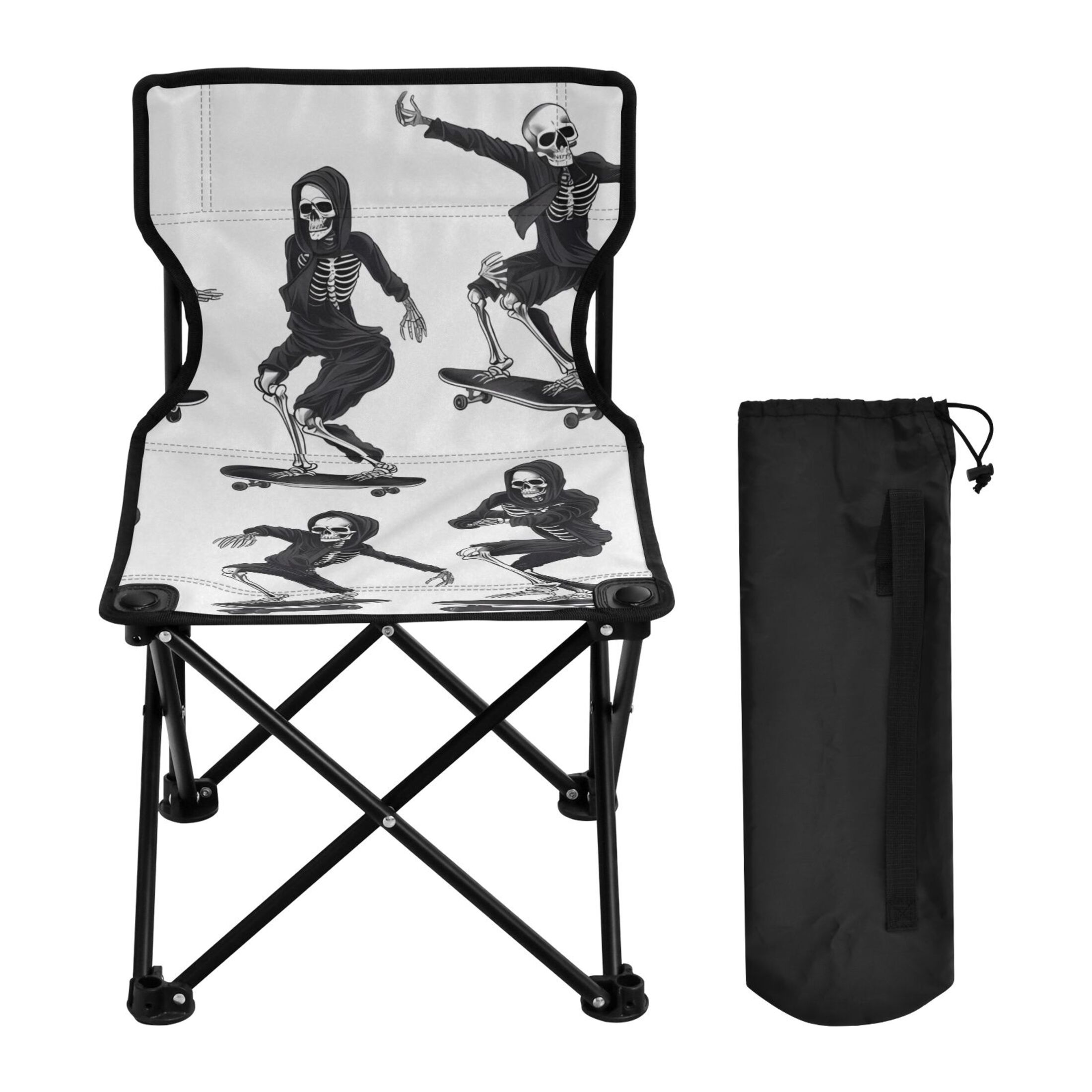 Skeletons with Skateboard Portable Camping Chair Outdoor Folding Beach Chair Fishing Chair Lawn Chair with Carry Bag Support to 220LBS