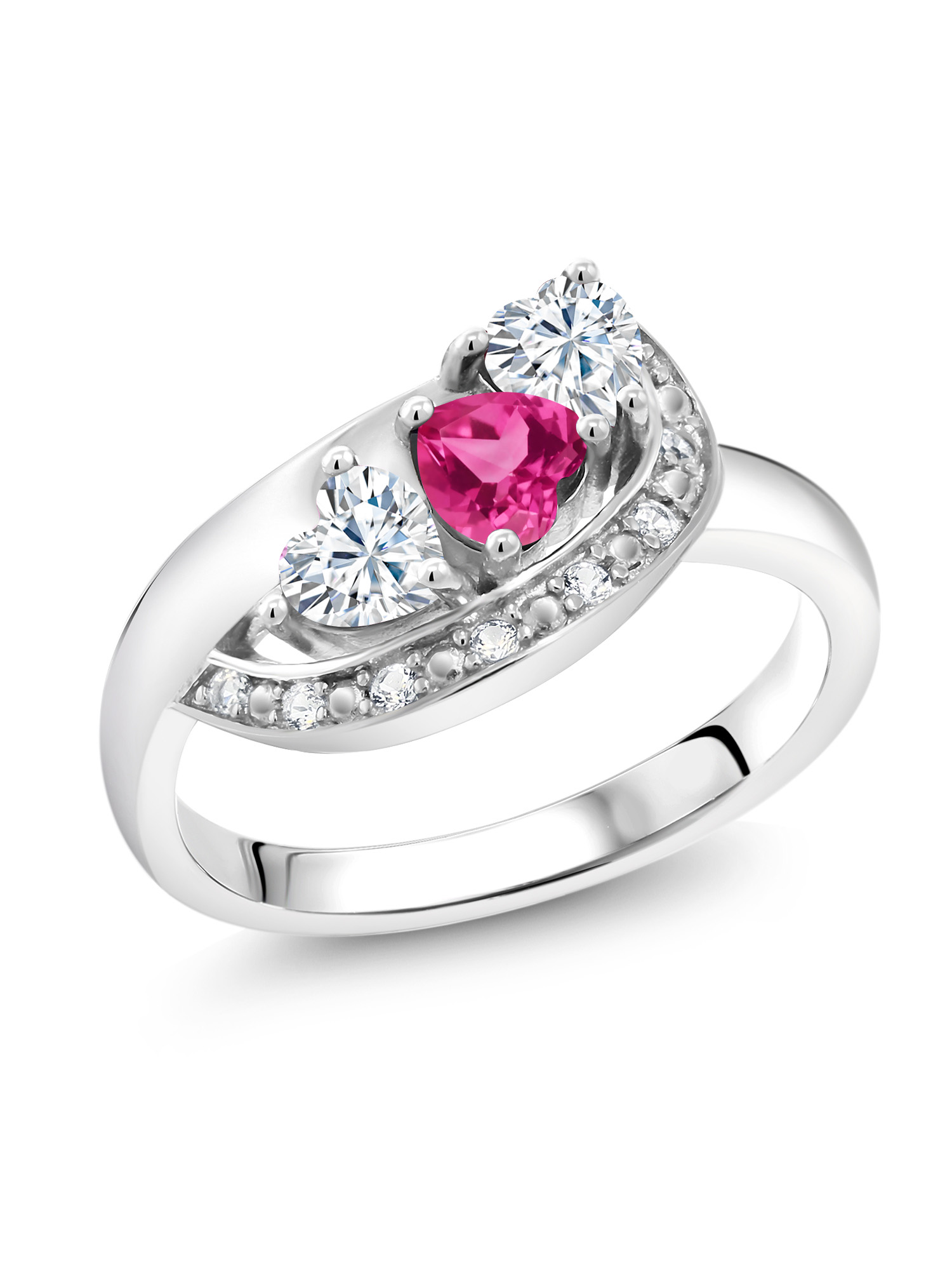 Gem Stone King 925 Sterling Silver Pink Created Sapphire and White Moissanite and White Created Sapphire Engagement Ring For Women (1.02 Cttw, Gemstone September Birthstone, Heart Shape 4MM, Size 6)