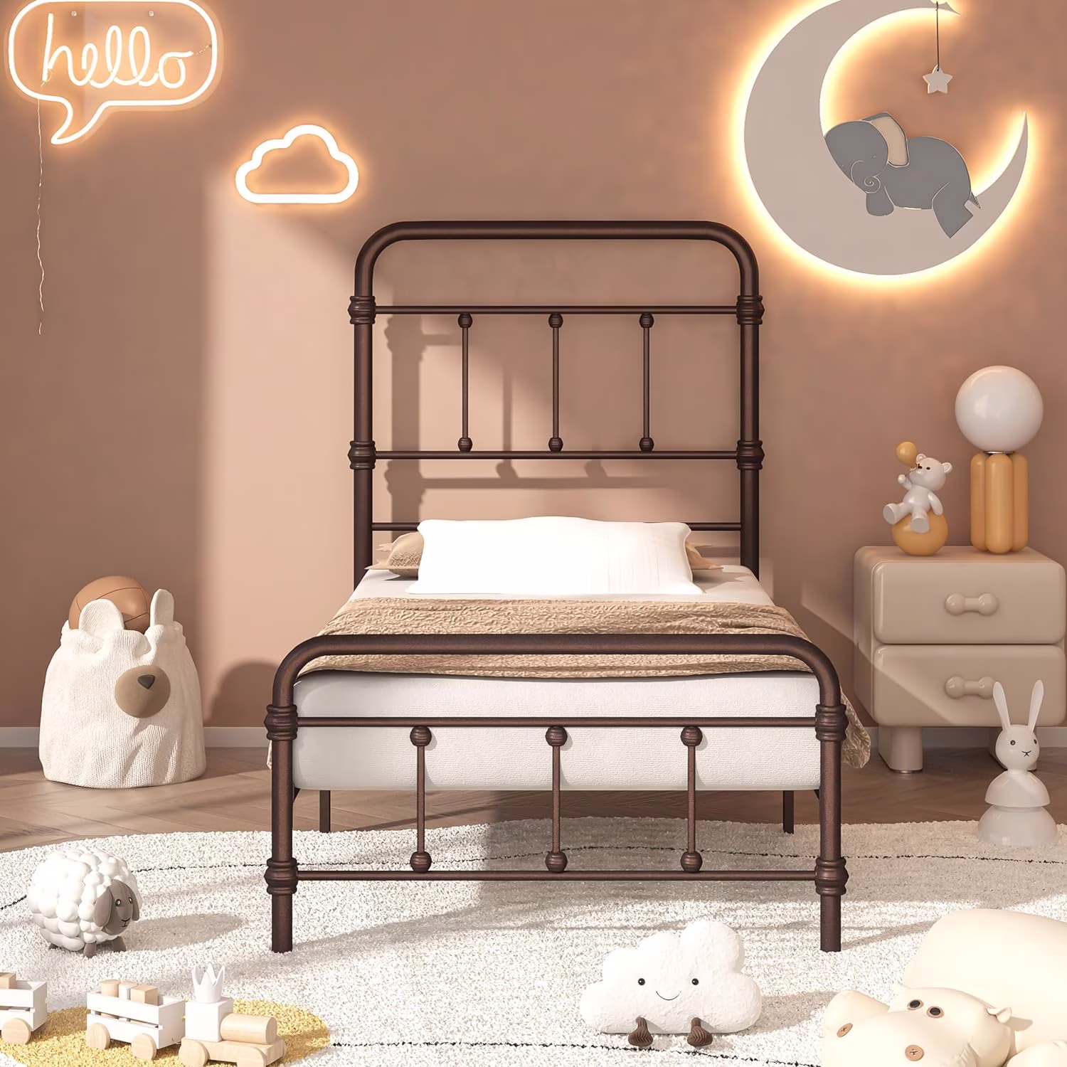 YGDU TwinXL-Size-Bed-Frame-with-High-Headboard - Metal Bed Frame No Box Spring Needed(Bronze,49 inch Headboard)